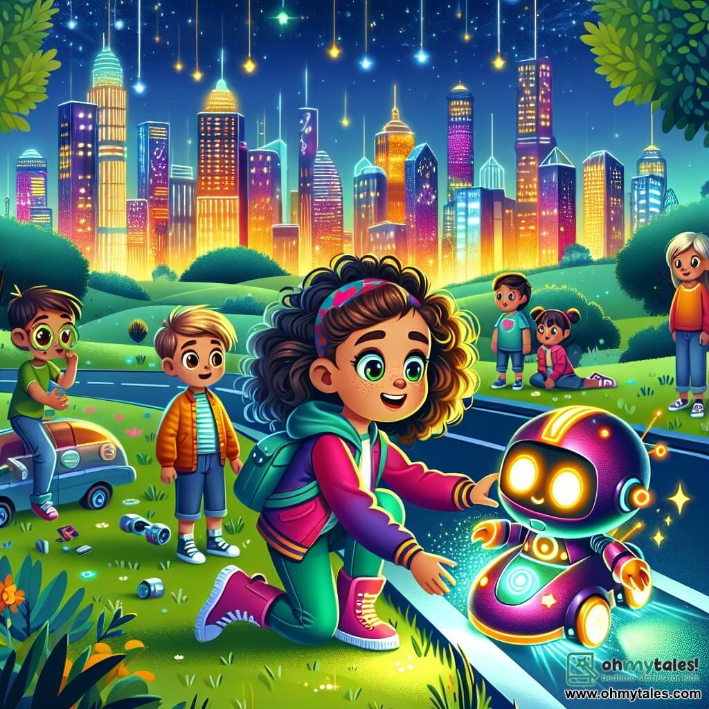 Une illustration sous forme de dessin destinée aux enfants représentant une ville futuriste vibrante, avec des gratte-ciels scintillants et des parcs verdoyants, où une fille de 11 ans aux cheveux bouclés et aux yeux pétillants, vêtue d'une combinaison colorée, se tient courageusement devant un petit robot amical aux yeux lumineux qui l'aide à sauver un hovercar en perdition, tandis qu'un groupe d'enfants curieux les observe, émerveillés par cette scène d'aventure et de camaraderie au cœur de la technologie.