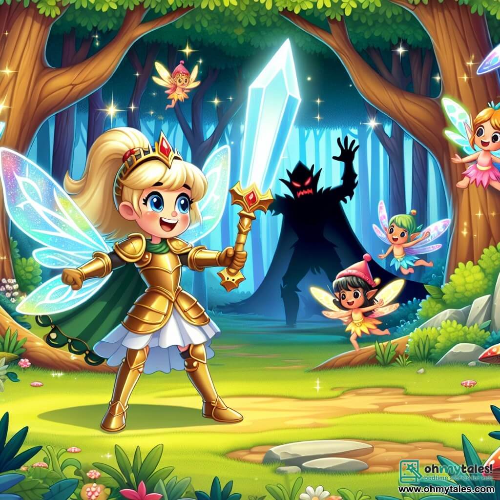 Une illustration sous forme de dessin destinée aux enfants représentant une clairière enchantée au cœur des Whispering Woods, où une jeune femme chevalier aux cheveux dorés et à l'armure scintillante brandit fièrement un bouclier en cristal lumineux, entourée de petits pixies aux ailes colorées qui dansent joyeusement autour d'elle, alors qu'elle se prépare à affronter une ombre menaçante qui surgit des arbres, symbolisant le combat entre la lumière et les ténèbres dans un monde de magie et d'aventure.