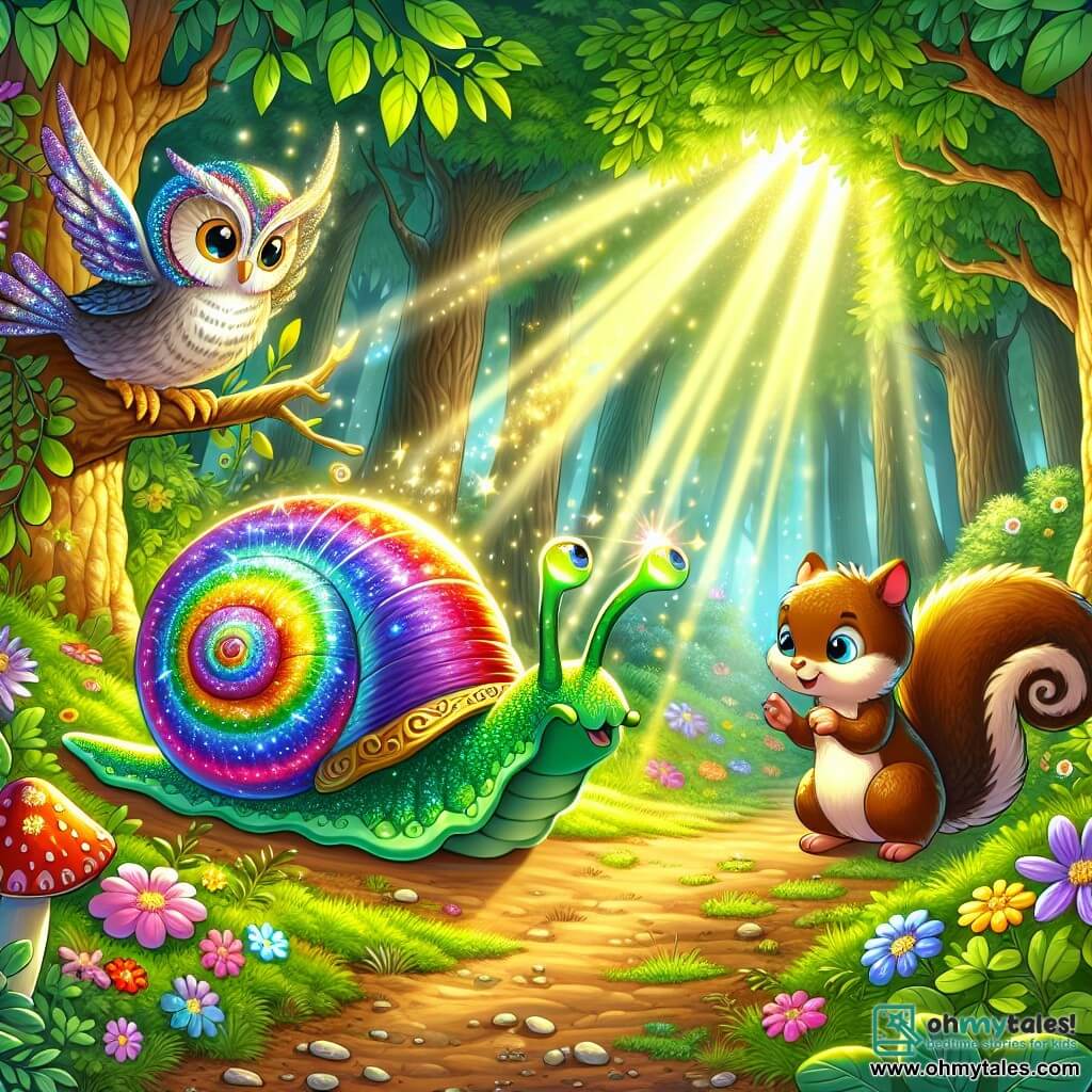 Illustration destinée aux enfants représentant une scène magique dans une forêt enchantée, où des rayons de soleil filtrent à travers les feuilles vertes, créant des motifs dorés sur un sol tapissé de fleurs colorées et de mousse douce. Au premier plan, un escargot aux couleurs vives, avec une coquille en spirale scintillante comme un arc-en-ciel, avance rapidement sur un chemin de terre, ses antennes dressées avec curiosité. À ses côtés, un écureuil aux yeux pétillants et à la fourrure brune, qui semble inquiet, gesticule avec sa petite patte, tandis qu'un hibou sage aux plumes argentées et aux yeux perçants observe la scène depuis une branche, prêt à partager sa sagesse. L'escargot est en quête d'un précieux bijou perdu, et l'atmosphère est empreinte d'une douce magie, avec des éclats de lumière et des ombres dansantes, évoquant l'aventure et l'amitié dans ce monde féerique.