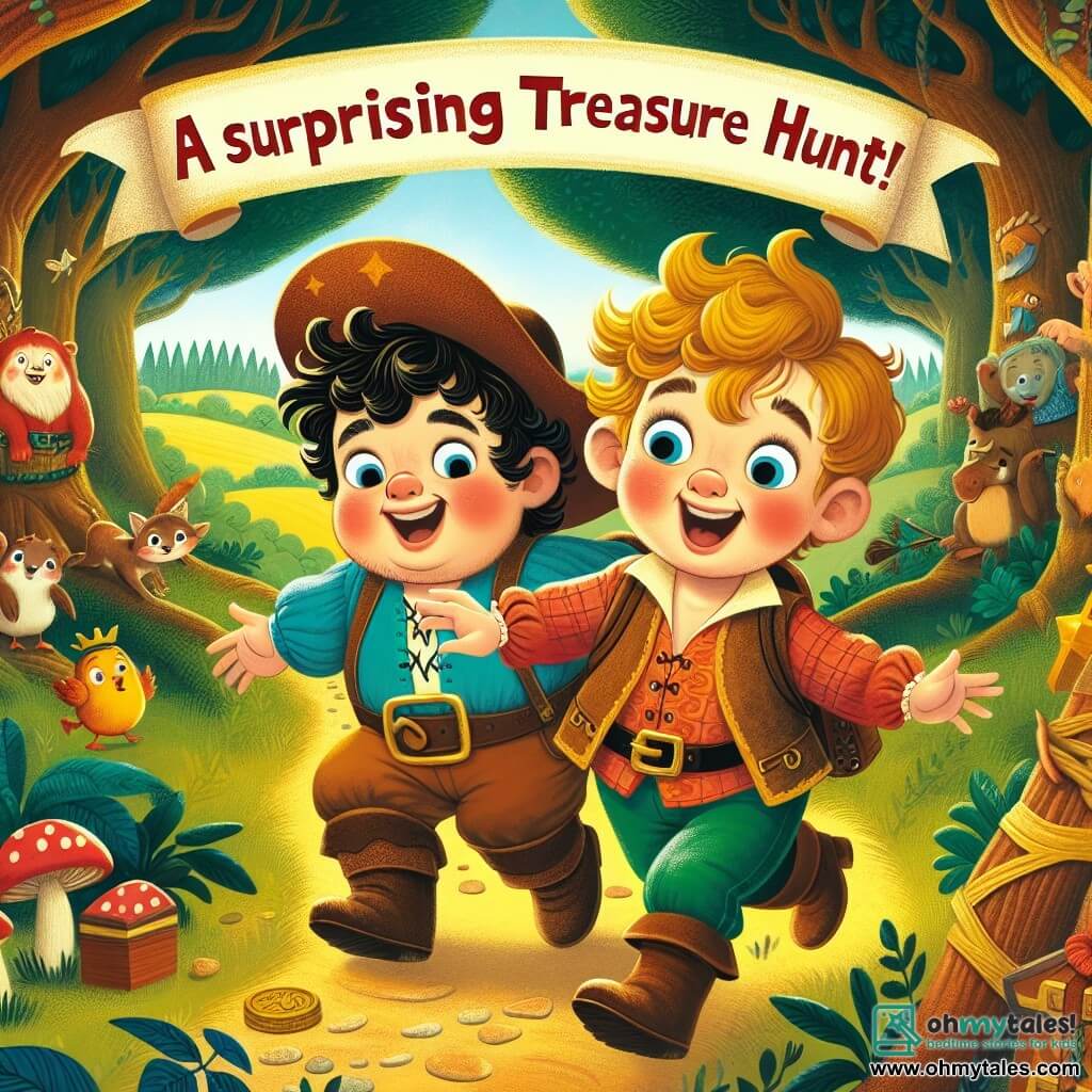 Une illustration destinée aux enfants représentant un garçon espiègle aux cheveux bouclés, accompagné de son meilleur ami rieur et dodu, se lançant dans une chasse au trésor pleine de surprises, dans une forêt enchantée aux arbres majestueux et aux animaux bavards de Sunnyville.