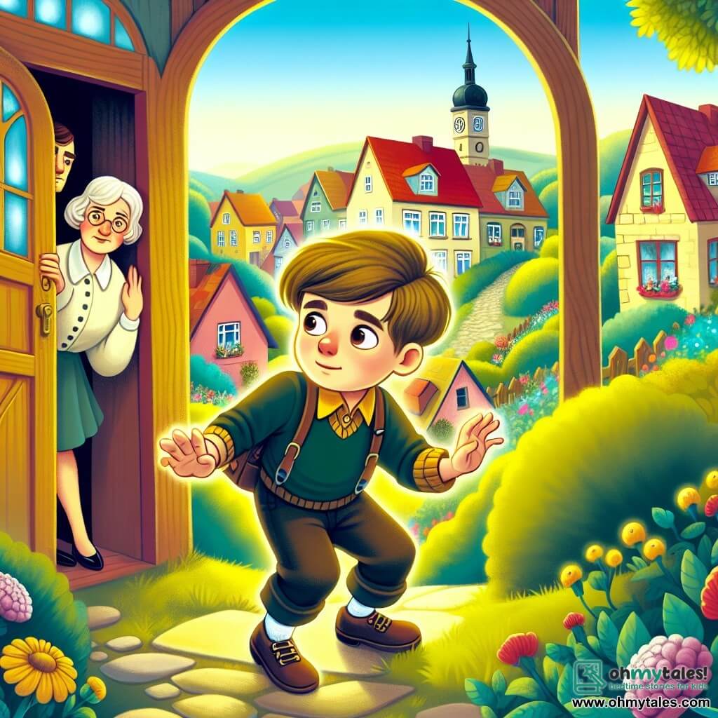 Une illustration destinée aux enfants représentant un jeune garçon curieux et aventureux, découvrant un mystérieux passage secret dans la vieille maison de sa famille, avec ses parents distants et préoccupés, dans une petite ville ensoleillée remplie de maisons colorées et de jardins fleuris.