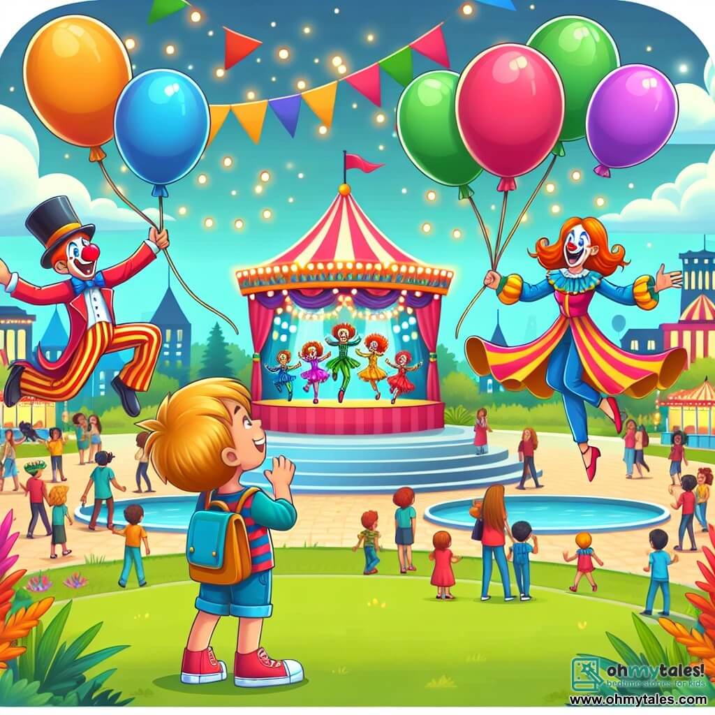 Une illustration destinée aux enfants représentant un garçon émerveillé par un carnaval coloré, accompagné de sa mère, avec des ballons flottant dans le ciel, des clowns joyeux et une scène principale avec des danseurs en costumes virevoltant, le tout se déroulant dans un parc animé et festif.
