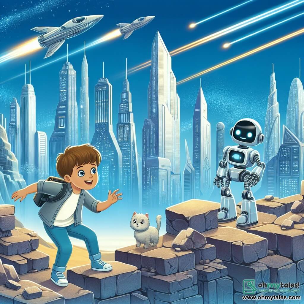 Une illustration destinée aux enfants représentant un jeune garçon curieux explorant des ruines anciennes avec l'aide d'un robot amical, dans une ville futuriste aux gratte-ciel scintillants et voitures volantes survolant un ciel bleu azur.