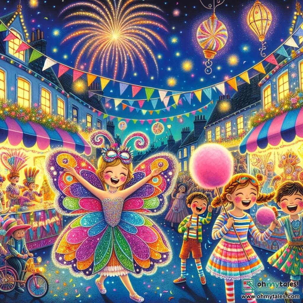 An illustration depicting a vibrant and colorful carnival in a picturesque village, with stalls adorned with fairy lights and floating lanterns illuminating the starry night. In the center, an 11-year-old girl dressed in a sparkling butterfly costume, with multicolored wings and a glittering mask, joyfully dances with a radiant smile on her face. Beside her are two friends: an 11-year-old boy with messy brown hair, wearing a striped t-shirt and shorts, laughing while holding a large pink cotton candy, and an 11-year-old girl with braided blonde hair, dressed in a colorful dress, enthusiastically clapping. The scene captures the energy of a carnival parade, with street performers in the background, jugglers, and musicians, while fireworks burst in the sky, illuminating the awestruck faces of the crowd. The bright colors and festive details create a joyful and magical atmosphere, full of life and wonder.