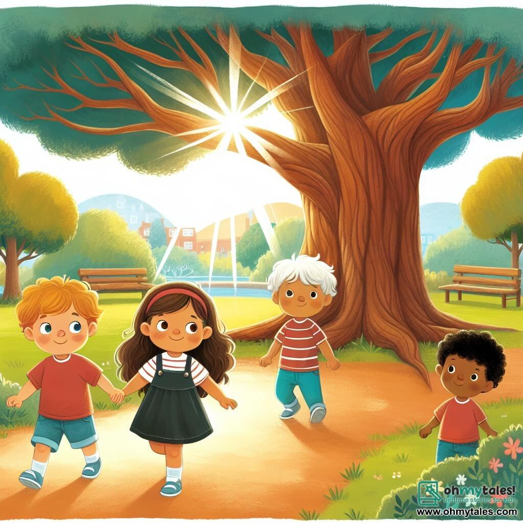 Une illustration destinée aux enfants représentant un petit garçon curieux et déterminé, accompagné de ses amis, une fille et un garçon, explorant un parc ensoleillé avec un vieux chêne majestueux au centre de la scène.
