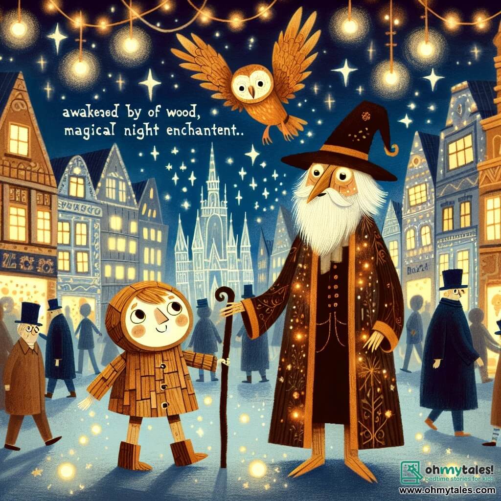 Une illustration destinée aux enfants représentant un petit garçon en bois, éveillé par une magie nocturne, accompagné d'une vieille chouette sage, dans une ville brillante et animée aux lumières scintillantes et aux rues bondées.