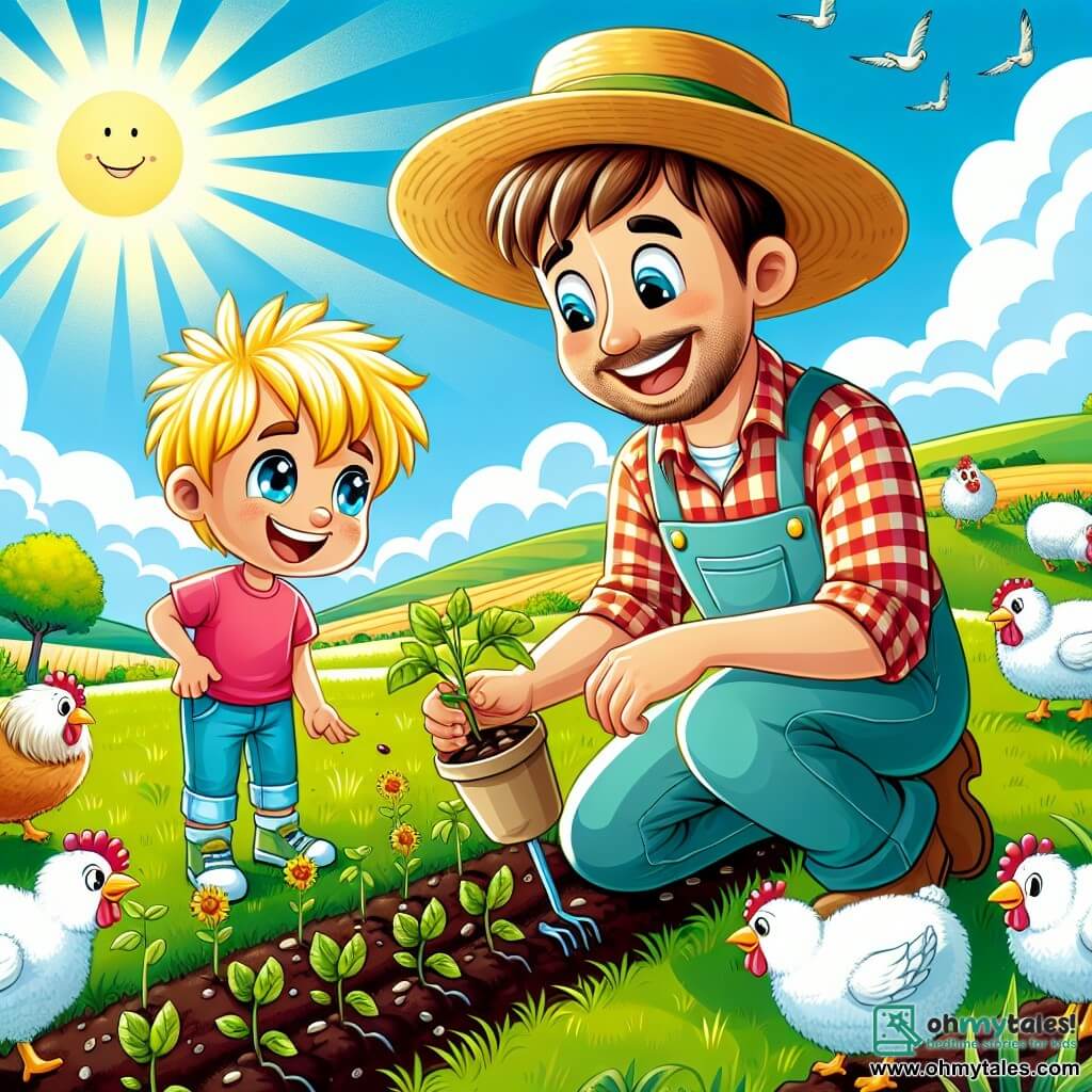 Une illustration sous forme de dessin destinée aux enfants représentant un champ verdoyant et ensoleillé, où un homme joyeux avec une casquette en paille, une chemise à carreaux et un sourire éclatant, est en train de planter des graines dans le sol fertile, tandis qu'un petit garçon aux cheveux blonds et aux yeux pétillants, portant un t-shirt coloré, l'observe avec émerveillement, entourés de poules curieuses picorant le sol et de quelques moutons laineux paissant paisiblement à l'arrière-plan, illustrant l'esprit d'amitié et de collaboration dans le jardinage.
