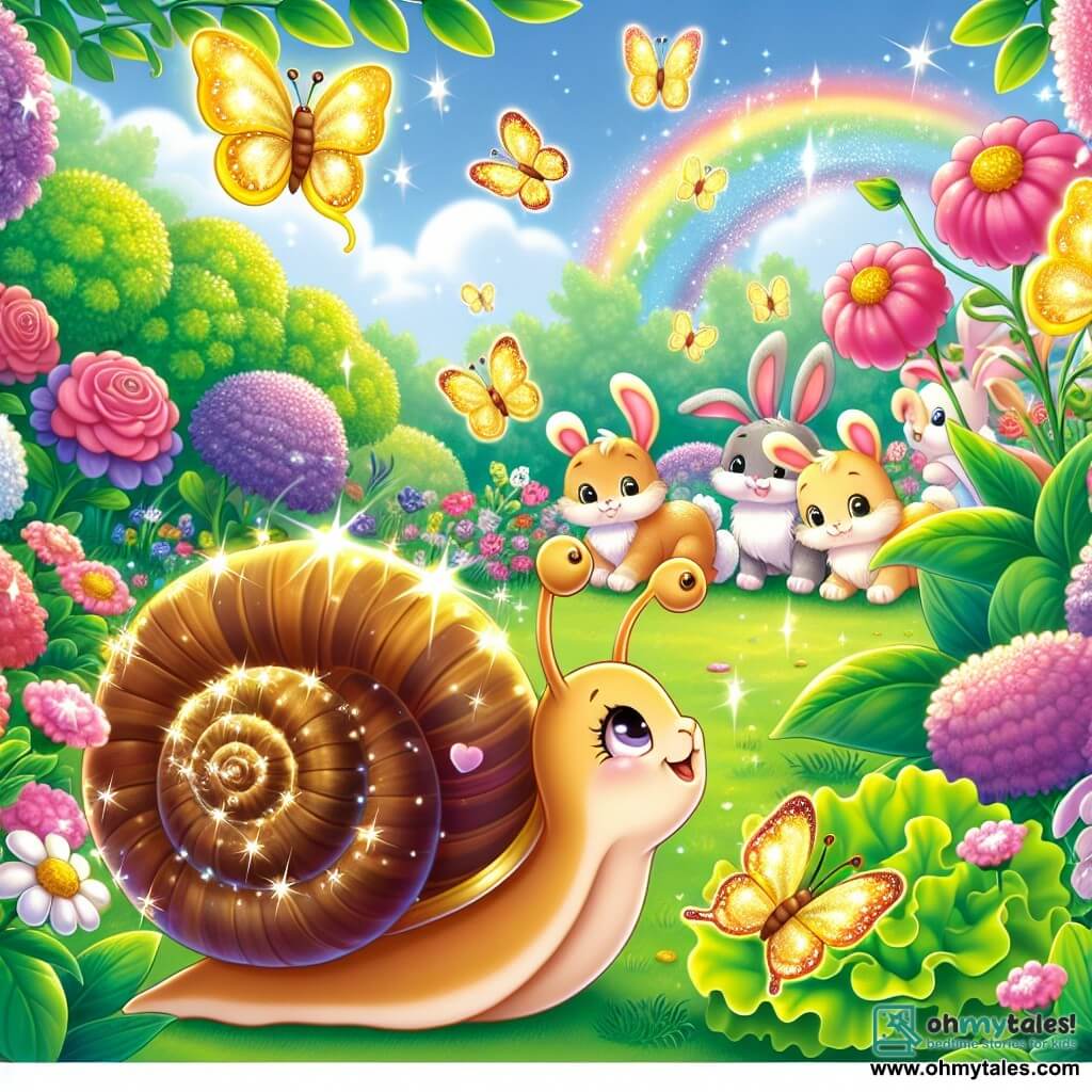 Illustration destinée aux enfants représentant un jardin enchanté, vibrant de couleurs avec des fleurs éclatantes de toutes les nuances, des papillons aux ailes scintillantes et des herbes hautes dansant au gré du vent. Au premier plan, un petit escargot avec une coquille spiralée brillante et des yeux curieux explore le sol, se déplaçant lentement vers un festin de laitue fraîche, tandis qu'une joyeuse petite papillon aux ailes dorées virevolte autour de lui, l'encourageant dans sa quête. En arrière-plan, un groupe de lapins aux pelages doux et aux grandes oreilles s'approche, apportant une ambiance amicale et accueillante. L'atmosphère est remplie de magie et d'amitié, capturant le moment où l'escargot découvre un monde de délices et de camaraderie dans ce jardin merveilleux.