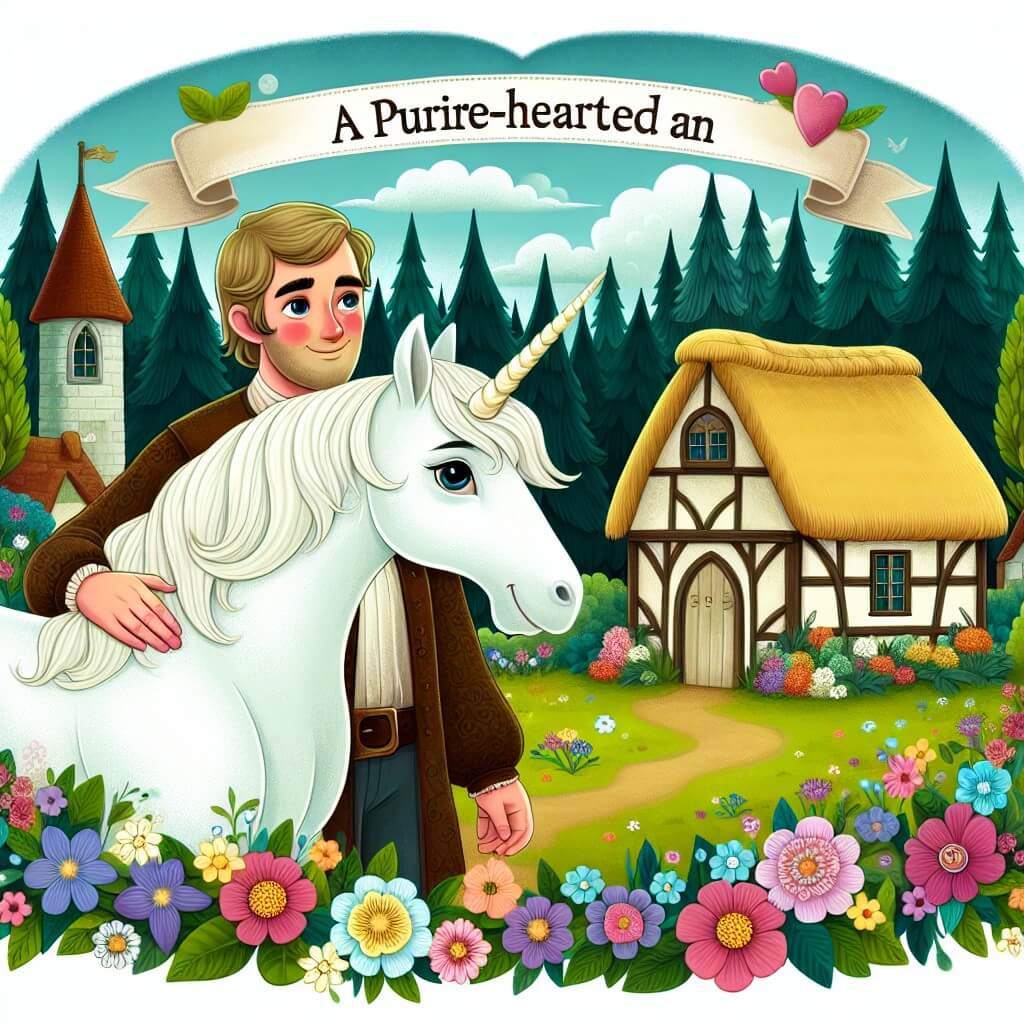 Une illustration destinée aux enfants représentant un homme au cœur pur, se tenant devant une mystérieuse forêt enchantée, accompagné d'une licorne majestueuse, dans un village pittoresque entouré de fleurs colorées et de maisons aux toits de chaume.