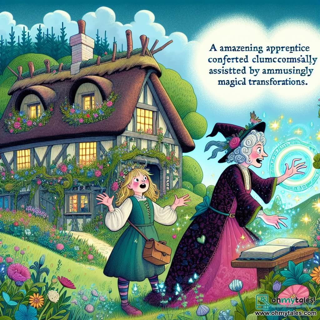 Une illustration destinée aux enfants représentant une apprentie sorcière, émerveillée, provoquant maladroitement des transformations magiques avec l'aide de sa drôle de grand-mère, dans une petite chaumière perchée au sommet d'une colline verdoyante, entourée de fleurs colorées et de buissons magiques scintillants.