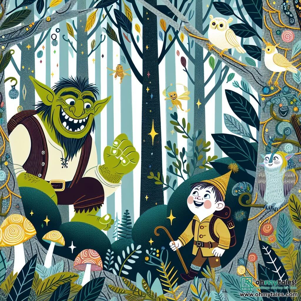 Une illustration destinée aux enfants représentant un ogre joyeux se lançant dans une partie de cache-cache avec un jeune explorateur curieux, dans une forêt enchantée remplie d'arbres aux feuilles chatoyantes et de créatures magiques aux sourires étincelants.