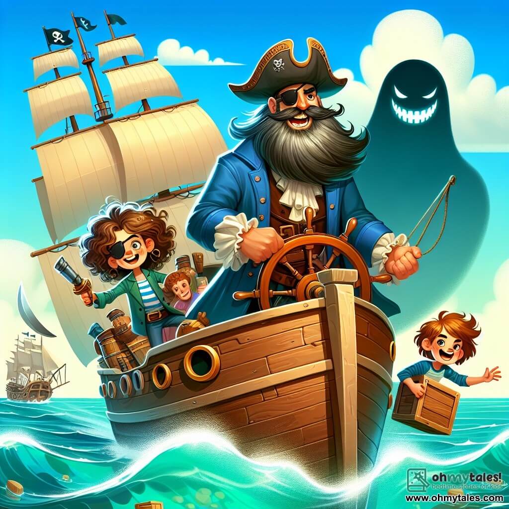 Une illustration sous forme de dessin destinée aux enfants représentant un navire pirate majestueux, The Sea Serpent, voguant sur des eaux turquoise sous un ciel ensoleillé, avec un homme au long manteau bleu, une barbe ébouriffée et un sourire audacieux, tenant fermement le gouvernail, tandis qu'une jeune fille aux cheveux bouclés, armée d'une slingshot, se tient prête à défendre le navire, et un grand garçon jovial avec un chapeau en feutre, riant tout en soulevant une caisse de provisions, alors qu'ils s'apprêtent à affronter une mystérieuse silhouette fantomatique sur un autre navire, évoquant l'esprit d'aventure et de camaraderie.