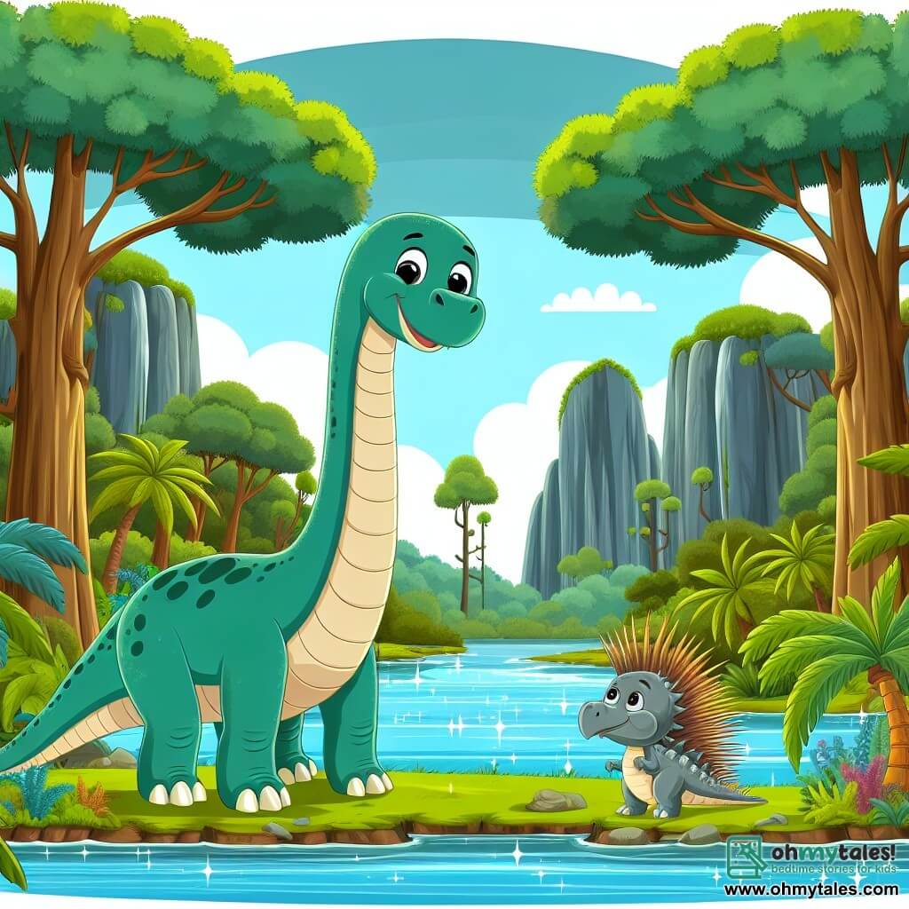 Une illustration destinée aux enfants représentant un majestueux herbivore à long cou, se tenant au bord d'une rivière étincelante, accompagné d'un ami hérissé de pointes, dans une forêt luxuriante remplie d'arbres géants et de végétation foisonnante, où ils vivent d'incroyables aventures.