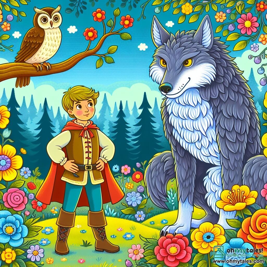 Une illustration destinée aux enfants représentant un courageux petit garçon affrontant le redoutable Grand Méchant Loup dans une clairière enchantée bordée de fleurs multicolores, sous le regard attentif d'une chouette sage perchée sur une branche majestueuse.
