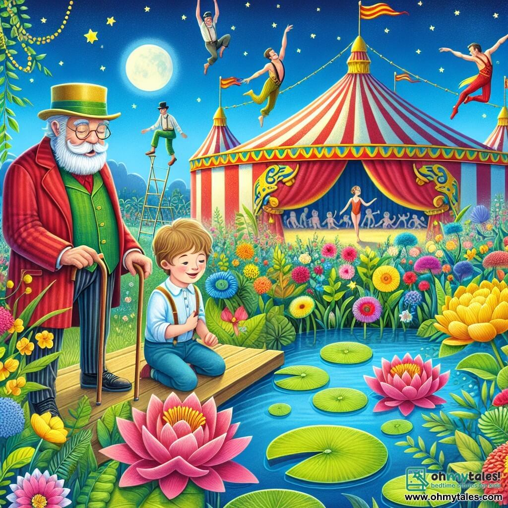 Une illustration destinée aux enfants représentant un jeune garçon fasciné par le cirque, accompagné d'un vieux magicien barbu, découvrant un jardin secret rempli de fleurs colorées et d'un étang aux nénuphars, le tout sous le majestueux chapiteau du cirque, avec des acrobates qui s'envolent dans le ciel bleu.