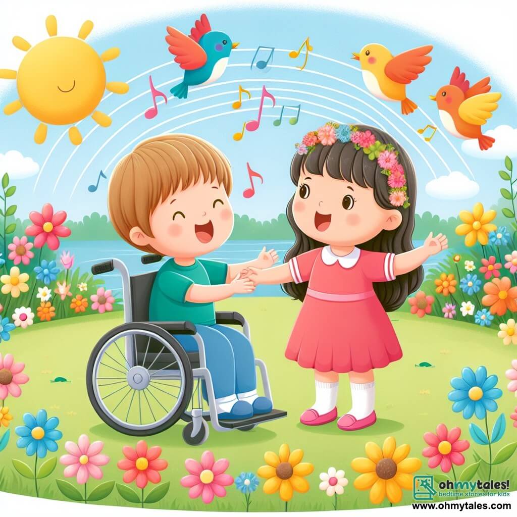 Une illustration destinée aux enfants représentant une fillette avec un handicap, une nouvelle amitié avec une autre fillette, dans un parc ensoleillé bordé de fleurs colorées et d'oiseaux chantants.