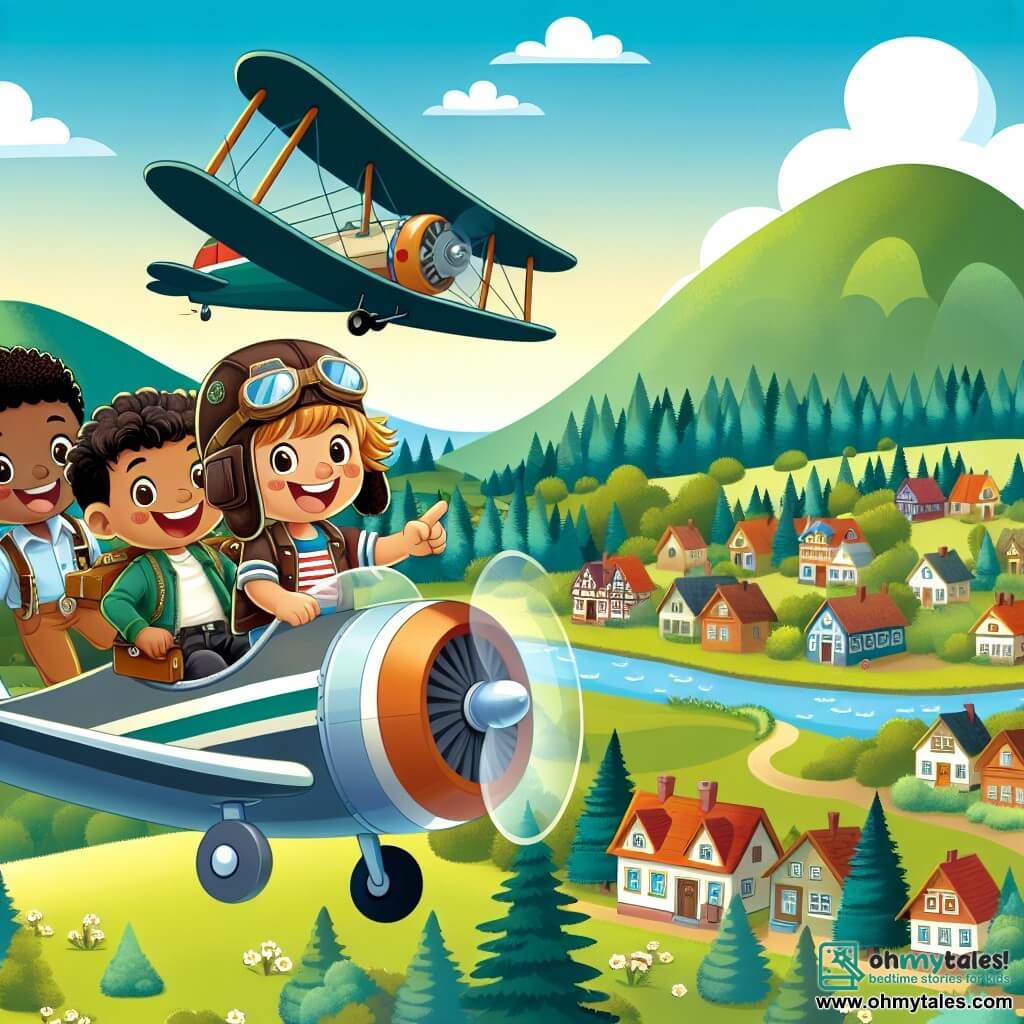 Une illustration destinée aux enfants représentant un pilote d'avion intrépide, accompagné de deux jeunes enfants enthousiastes, survolant une petite ville pittoresque nichée entre des collines verdoyantes et des forêts luxuriantes, dans une journée ensoleillée.