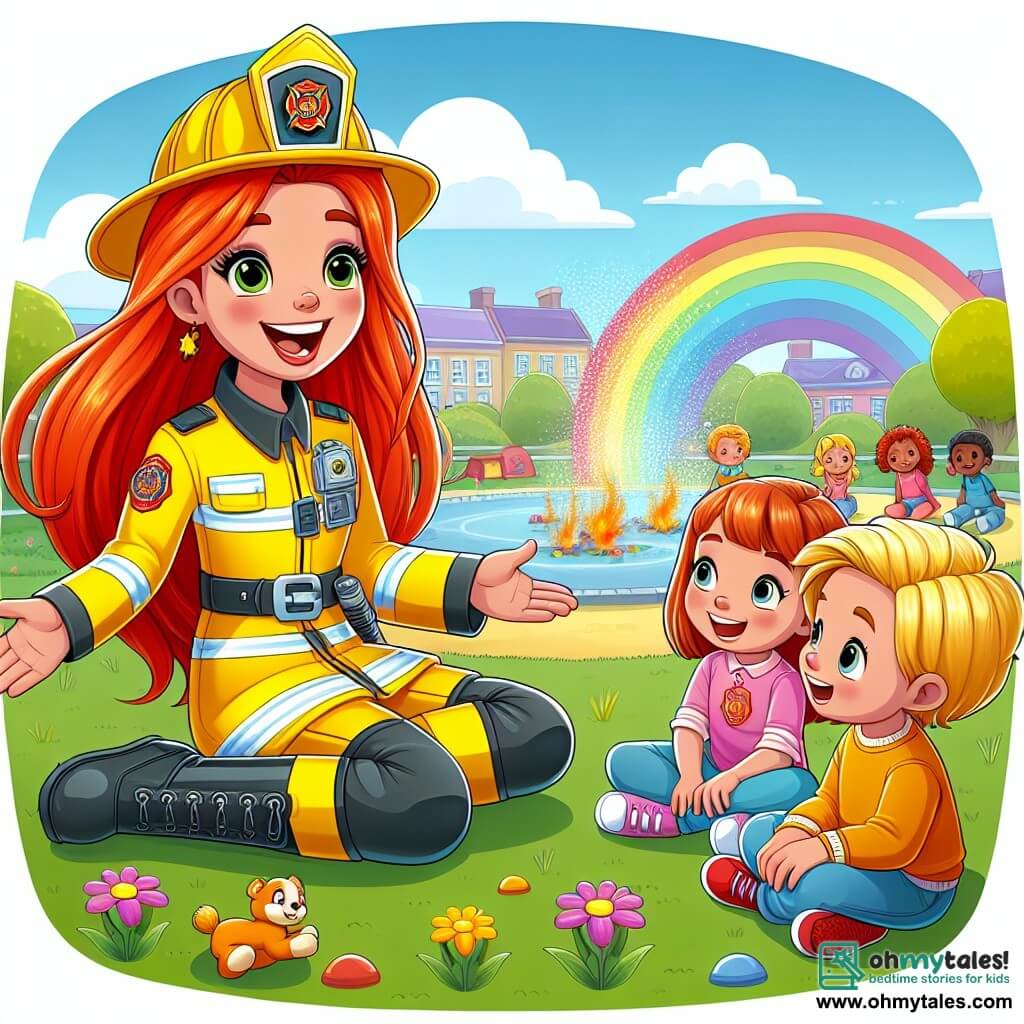 Une illustration sous forme de dessin destinée aux enfants représentant un parc ensoleillé de Rainbow Valley, avec une femme pompier aux cheveux roux brillants, portant une uniforme jaune étincelant et des bottes noires, souriant joyeusement tout en racontant ses aventures à un groupe d'enfants, dont un garçon aux cheveux bruns et une fille aux cheveux blonds, assis sur l'herbe, captivés par ses histoires de sauvetage, entourés de jouets colorés et de fleurs éclatantes, créant une atmosphère de camaraderie et d'émerveillement.