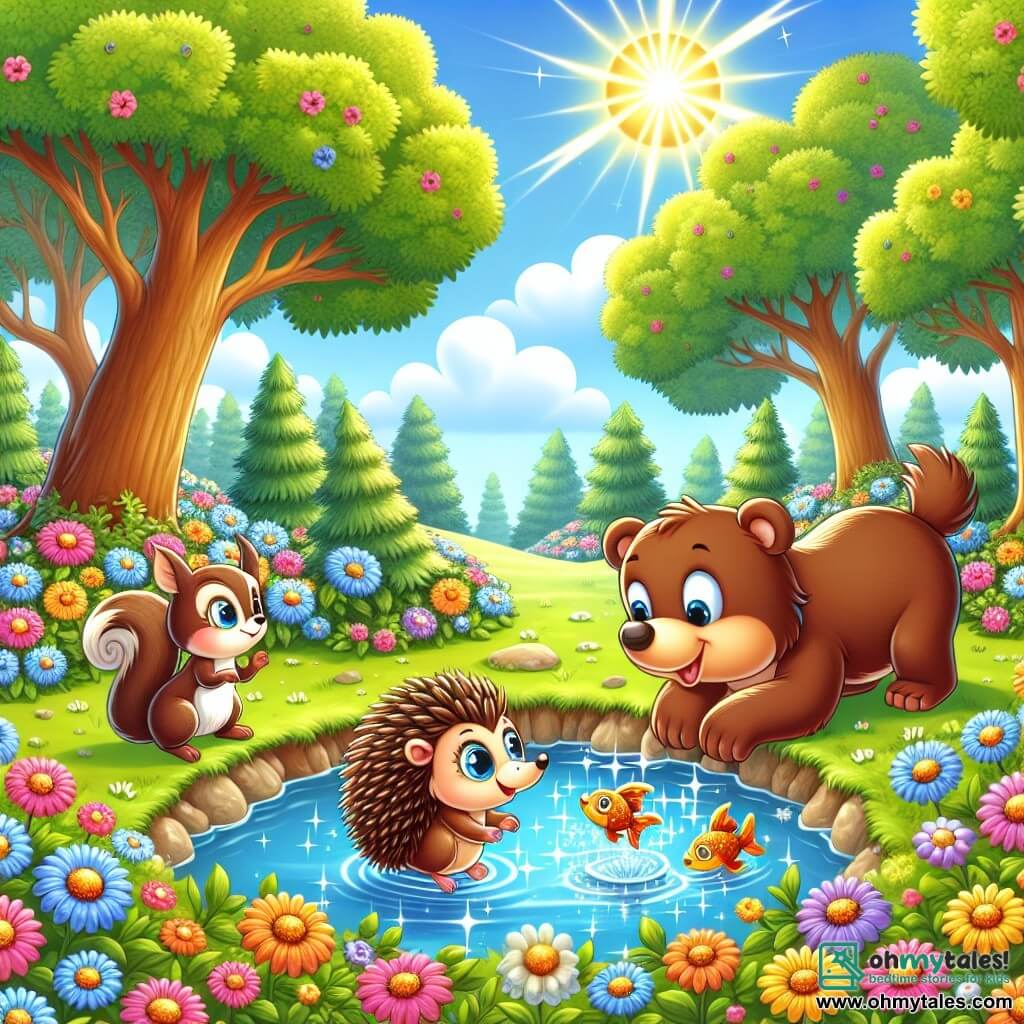 Une illustration sous forme de dessin destinée aux enfants représentant une magnifique clairière ensoleillée, entourée de fleurs colorées et d'arbres majestueux, où un petit hérisson aux yeux pétillants et aux quills doux se tient courageusement au bord d'un étang scintillant, tandis qu'un ours brun costaud et une écureuil aux poils soyeux l'encouragent avec enthousiasme, alors qu'ils tentent ensemble de libérer un poisson magique piégé dans l'eau, créant une atmosphère d'amitié et d'aventure.