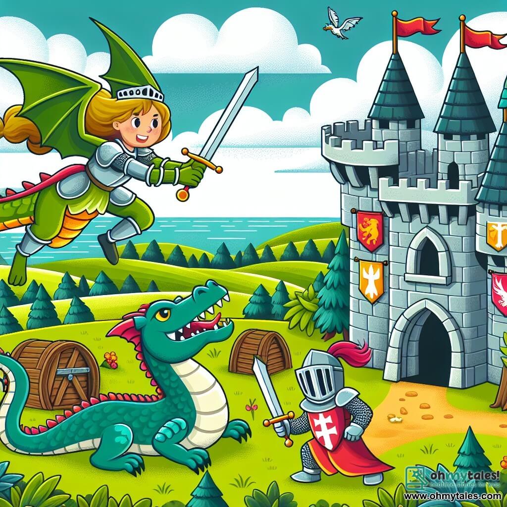 Une illustration destinée aux enfants représentant une courageuse chevaleresse affrontant un dragon, accompagnée de son fidèle écuyer, dans un château médiéval en pierre orné de bannières colorées, situé au sommet d'une colline verdoyante surplombant un vaste royaume.