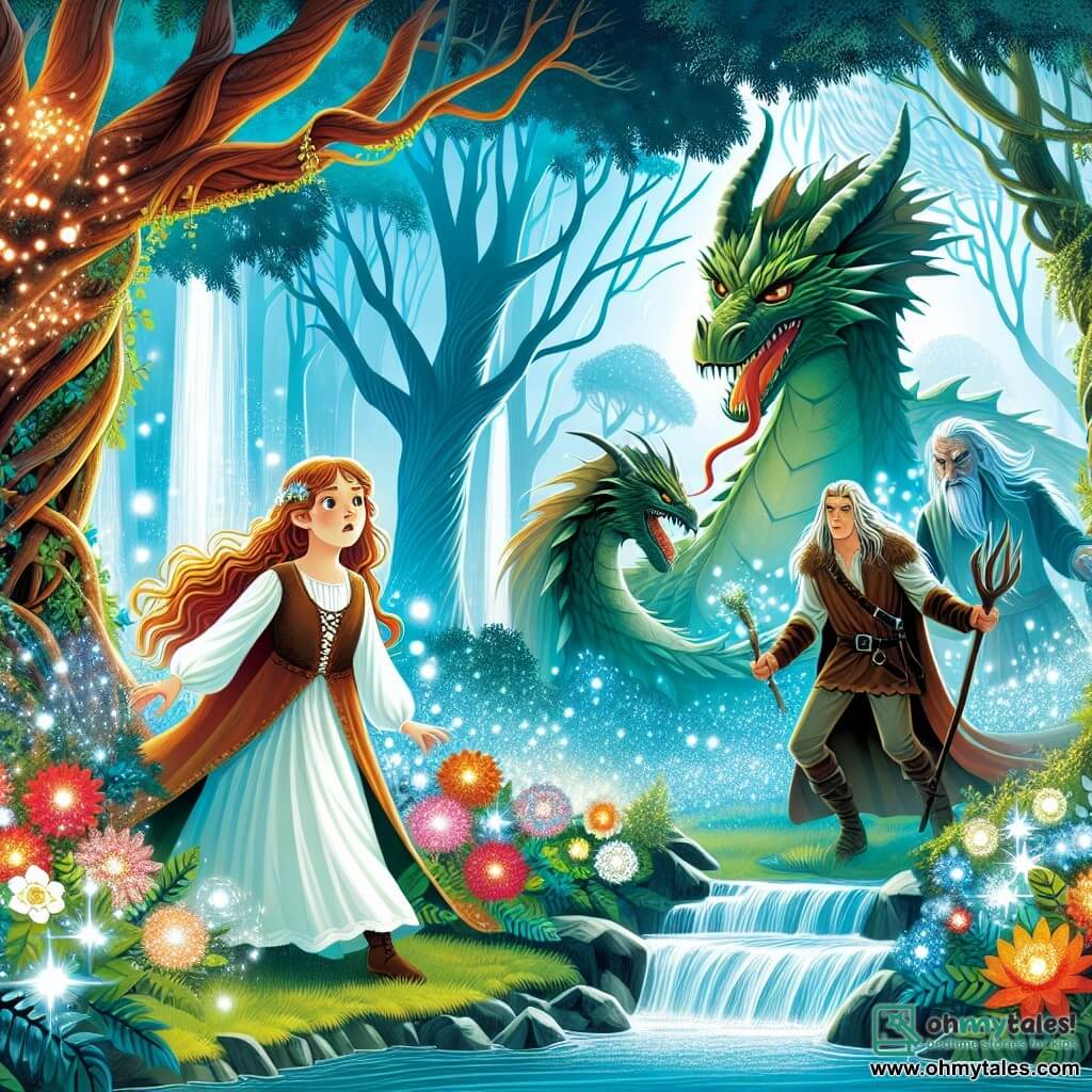 Une illustration destinée aux enfants représentant une jeune femme courageuse, une dragonne majestueuse, un sorcier maléfique et une forêt enchantée aux arbres centenaires, aux fleurs lumineuses et aux cascades scintillantes.
