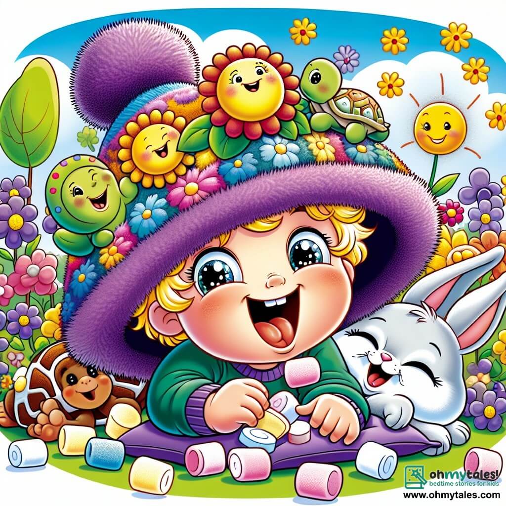 Une illustration sous forme de dessin destinée aux enfants représentant un jardin ensoleillé avec des fleurs colorées et des arbres dansants, où un garçon de 3 ans aux cheveux blonds et aux yeux pétillants, portant un grand chapeau violet et moelleux, est allongé dans un tas de marshmallows, riant aux éclats, tandis qu'un petit lapin aux grandes oreilles et un drôle de turtle avec une carapace colorée s'amusent autour de lui, tous trois en train de faire des grimaces et de jouer à des jeux de marshmallow, créant une scène joyeuse et pleine de rires.