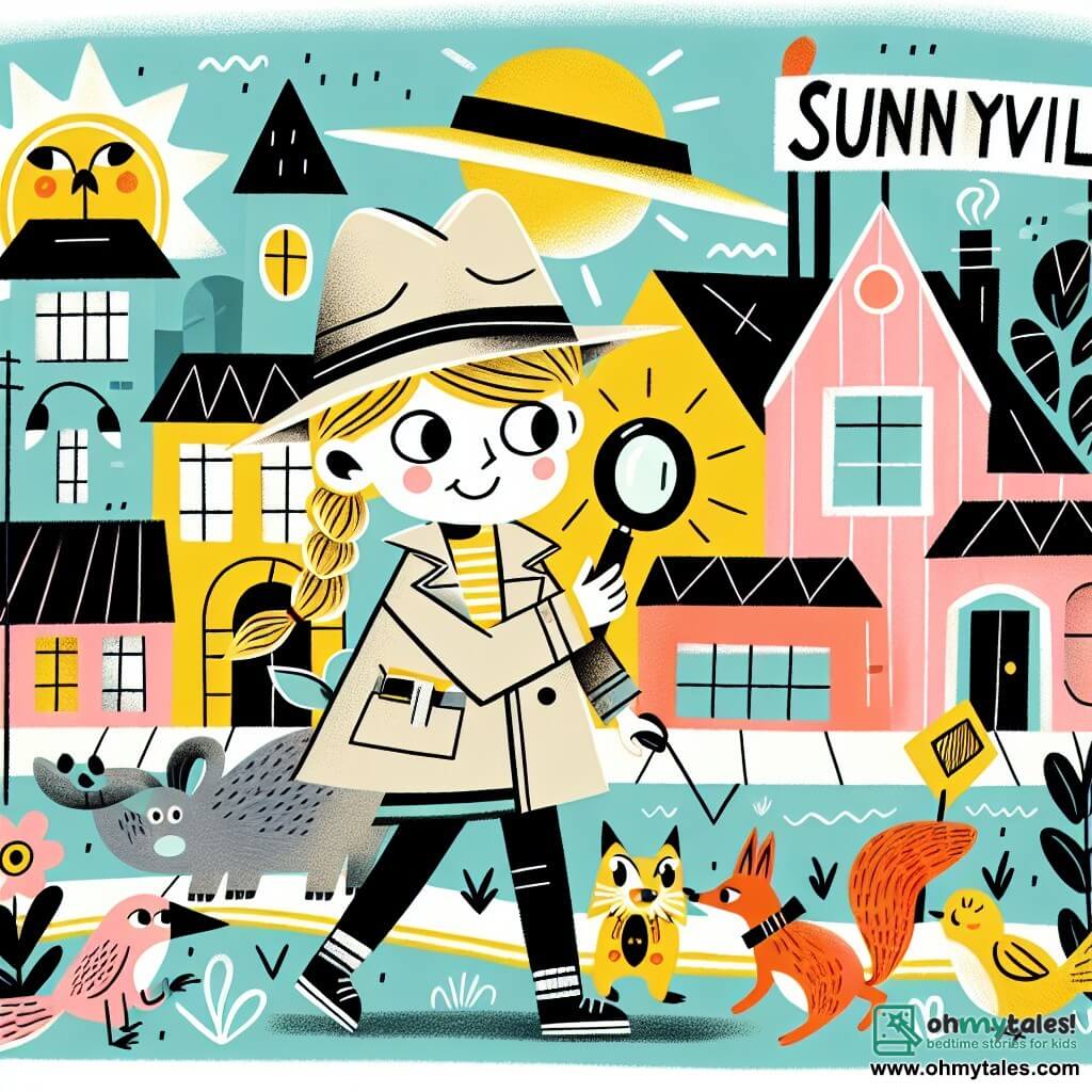 Une illustration destinée aux enfants représentant une petite détective fillette, accompagnée de ses amis animaux, enquêtant dans la ville ensoleillée de Sunnyville.