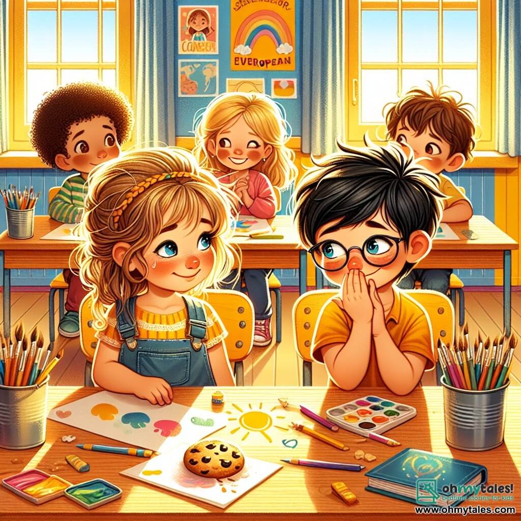 An illustration depicts a scene in a bright and colorful classroom with vibrant yellow walls and art posters hanging. In the center, a group of children stands around a wooden table with brushes and paint pots. A boy about 8 years old, with messy brown hair and sparkling eyes, looks shyly at another child. Next to him, a 7-year-old girl with braided blonde hair and a warm smile encourages him with a friendly glance. Another slightly taller boy, with black hair and glasses, stands back, blushing and holding a cookie in his hand. The main situation shows the boy with the cookie confessing to having taken a cookie without asking, while the other children listen attentively. The atmosphere is both tense and understanding, with sunlight filtering through the windows, illuminating the scene. Crayons and sheets of paper are scattered on the table, adding a creative touch to the environment.