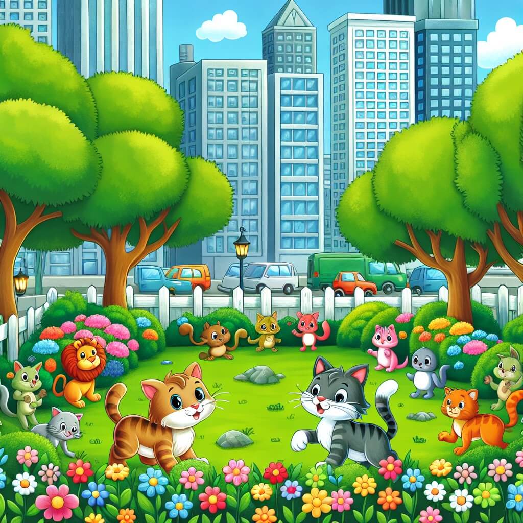 Une illustration destinée aux enfants représentant un chat malicieux, dans une ville animée, faisant face à un défi amusant avec l'aide de ses amis animaux, dans un parc verdoyant rempli de fleurs multicolores et d'arbres majestueux.