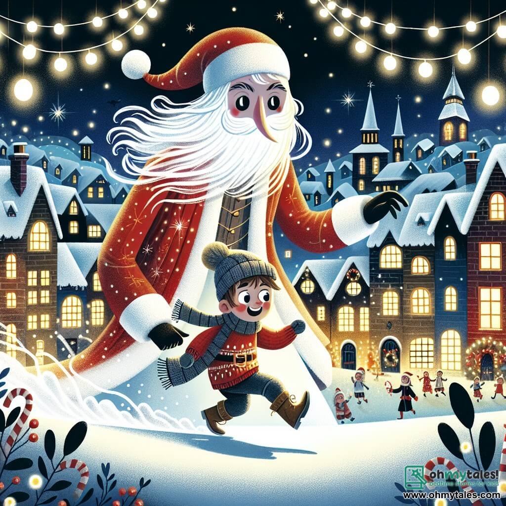 Une illustration destinée aux enfants représentant un petit garçon plein d'entrain, un mystérieux visiteur vêtu de rouge et blanc, et une ville enneigée aux maisons décorées de lumières scintillantes, dans une histoire de Noël pleine de magie et de générosité.