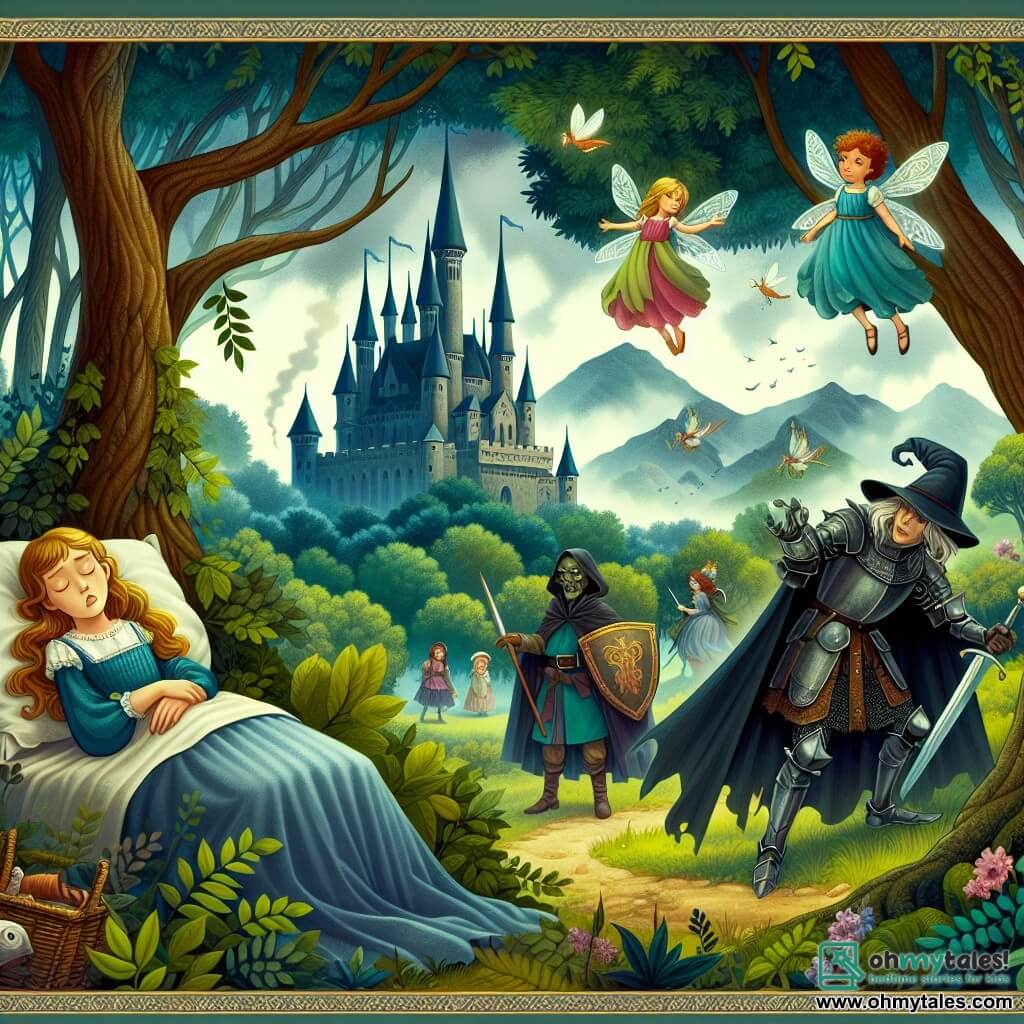 Une illustration destinée aux enfants représentant une jeune fille endormie, une sorcière maléfique, un chevalier courageux et rusé et un château sombre et menaçant, tous situés dans une forêt enchantée aux arbres majestueux et aux fées virevoltantes.