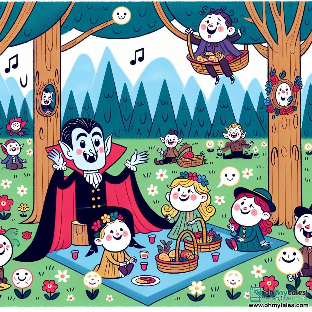 Une illustration destinée aux enfants représentant un vampire rigolo participant à un pique-nique en plein jour avec des amis peu communs dans la Forêt Enchantée où les arbres ont des visages souriants et les fleurs chantent des mélodies joyeuses.
