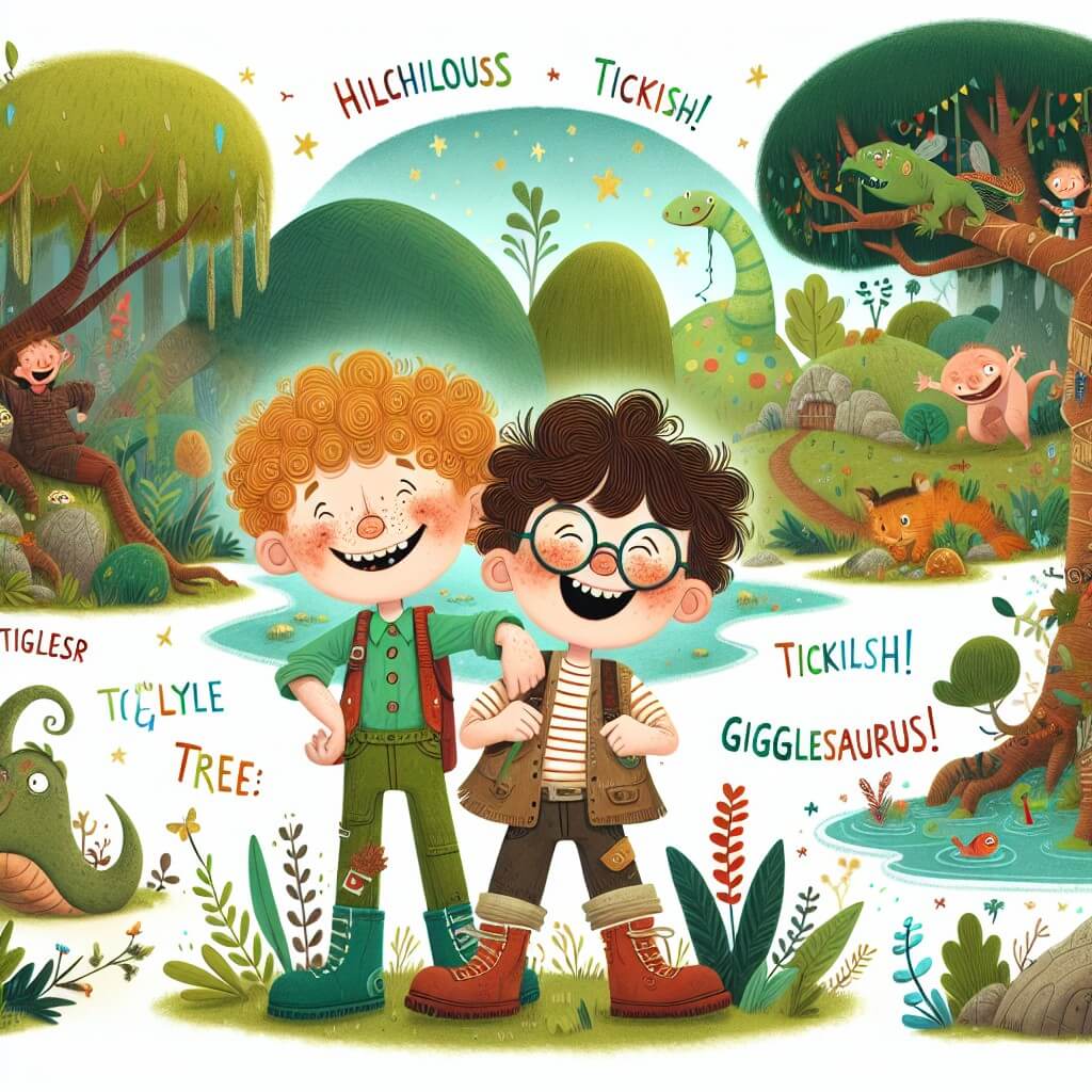 Une illustration destinée aux enfants représentant un garçon espiègle aux cheveux bouclés et au sourire malicieux, accompagné de son meilleur ami, un garçon aux lunettes et aux taches de rousseur, vivant des aventures hilarantes dans une forêt magique remplie d'arbres qui chatouillent, d'un marais farfelu et d'une grotte où réside un Gigantic Gigglesaurus, le tout entouré d'une nature luxuriante et colorée.