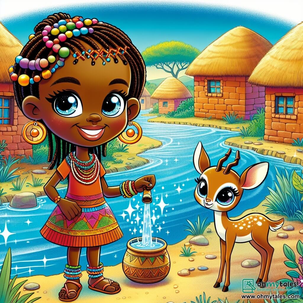 Une illustration sous forme de dessin destinée aux enfants représentant un village africain vibrant, avec des maisons en terre cuite aux toits de chaume, où une jeune femme au sourire éclatant, aux cheveux tressés ornés de perles colorées, se tient courageusement au bord d'une rivière scintillante, tenant un petit flacon d'eau magique, tandis qu'un petit singe espiègle aux yeux pétillants et une gazelle gracieuse aux pattes élancées l'observent avec curiosité, tous trois prêts à affronter les défis d'une quête pour sauver leur village de la sécheresse.