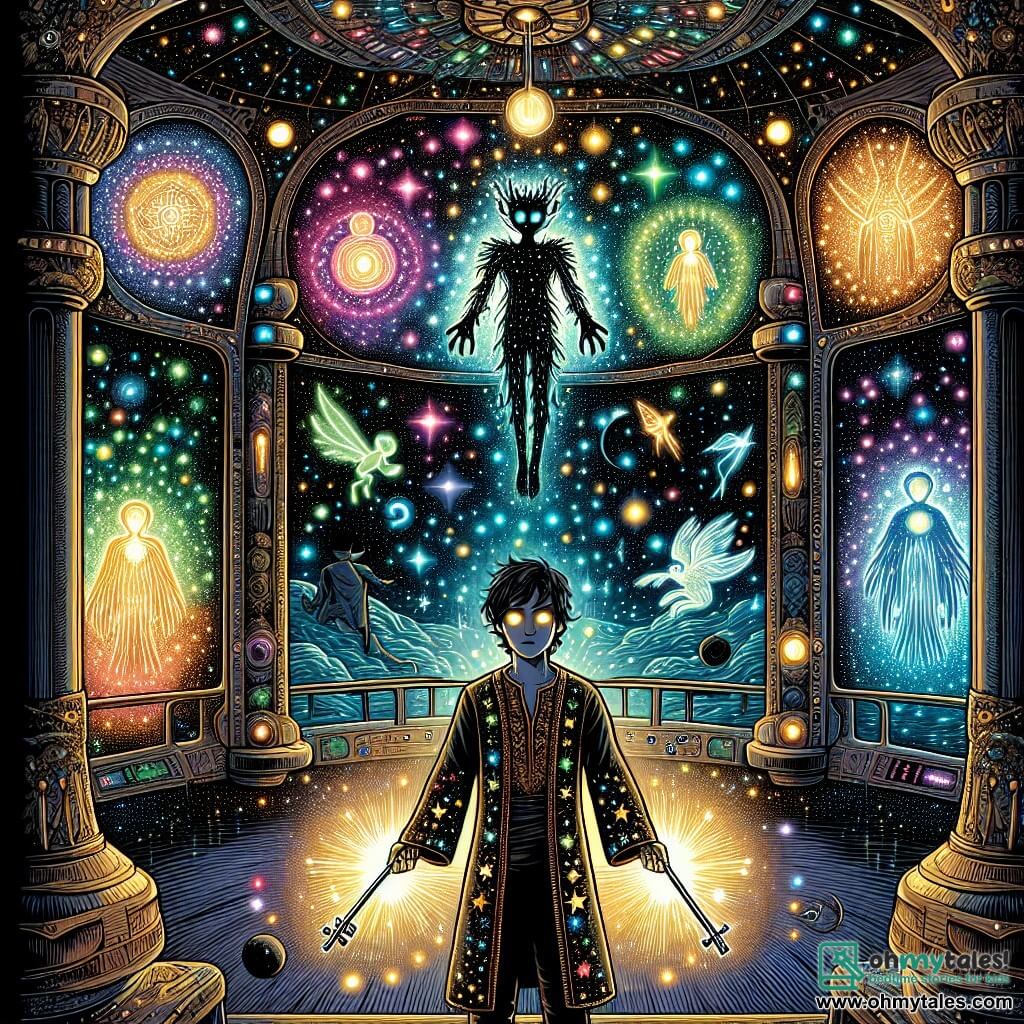 Une illustration sous forme de dessin destinée aux enfants représentant l'intérieur du Celestial Nexus, une station spatiale majestueuse flottant dans l'espace, avec des murs métalliques scintillants et des artefacts magiques illuminés par des lumières colorées ; au centre, un jeune homme aux cheveux noirs en bataille et aux yeux brillants, portant une tunique ornée de motifs stellaires, tenant fermement trois clés lumineuses dans ses mains, prêt à affronter un être spectral aux formes changeantes, émanant une aura de mystère et de sagesse, tandis que des silhouettes de créatures cosmiques flottent en arrière-plan, témoignant de la magie et du danger qui l'entourent, symbolisant la lutte pour restaurer l'équilibre dans l'univers.
