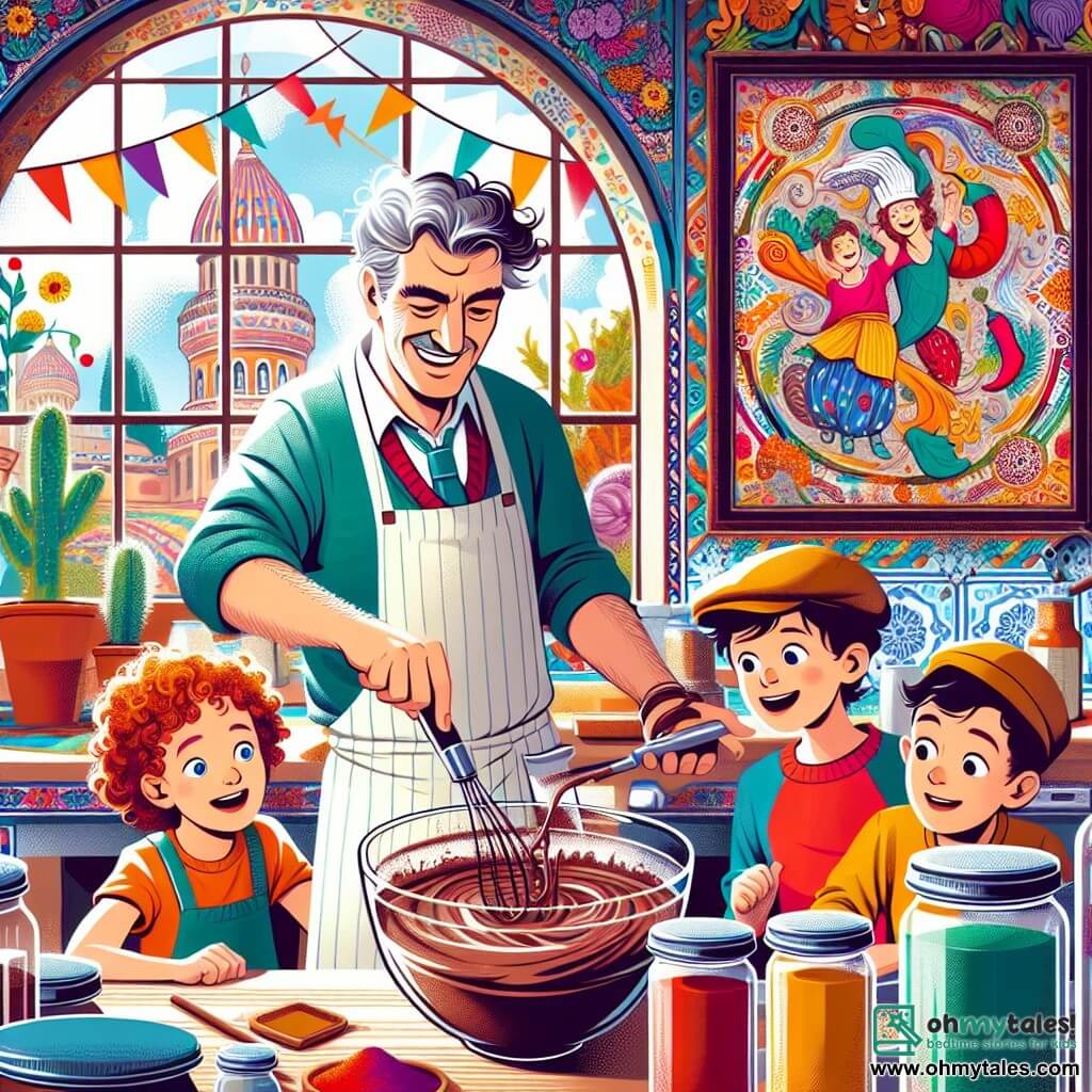 Une illustration sous forme de dessin destinée aux enfants représentant l'intérieur chaleureux et coloré d'un restaurant animé, avec un homme jovial portant un tablier et un chapeau de chef légèrement incliné, en train de mélanger une pâte au chocolat dans un grand bol, tandis que deux enfants, une fille aux cheveux bouclés et un garçon avec une casquette, l'observent avec des yeux émerveillés, entourés de pots d'épices, de légumes colorés, et de décorations murales de légumes dansants, capturant l'esprit joyeux et magique de la cuisine.