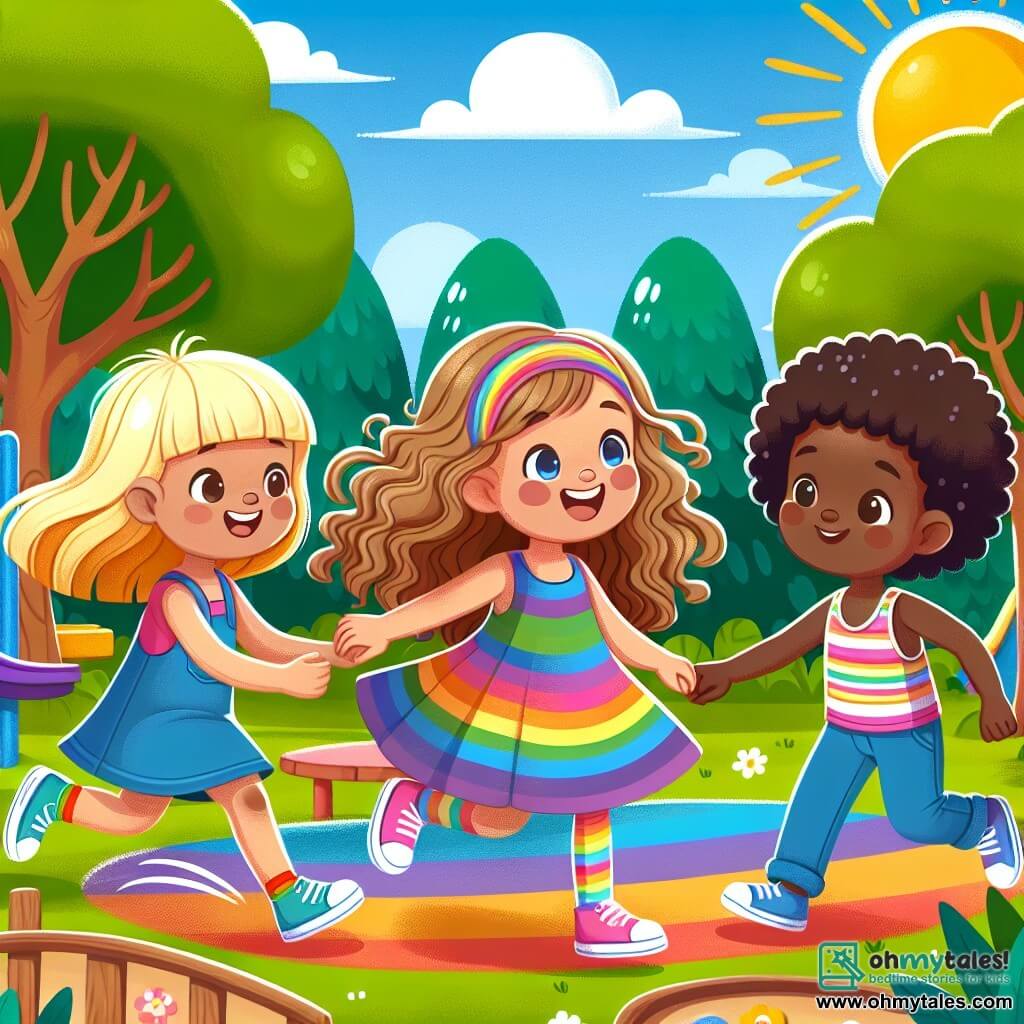 Une illustration sous forme de dessin destinée aux enfants représentant un parc ensoleillé avec des arbres verdoyants et une grande aire de jeux, où une fille de 7 ans aux cheveux blonds et bouclés, portant une robe arc-en-ciel, joue joyeusement avec une autre fille de 7 ans aux cheveux bruns et lisses, d'origine asiatique, tandis qu'un garçon de 7 ans aux cheveux noirs et frisés, d'origine africaine, les observe avec un sourire, tous trois partageant un moment de bonheur et d'amitié, illustrant l'importance de l'inclusion et de la diversité.