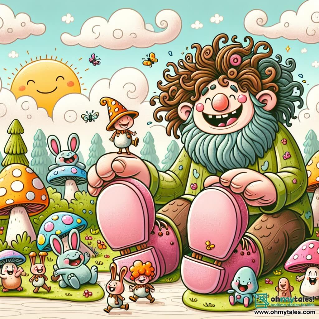 Une illustration sous forme de dessin destinée aux enfants représentant une scène joyeuse dans la forêt enchantée de Gigglewood, où un géant aux cheveux ébouriffés et à la peau douce comme un nuage, portant d'énormes chaussures roses qui squeakent, s'accroupit en riant tout en jouant à tag avec des Tiny Toadstools aux chapeaux colorés, des Fluffy Bunnykins aux grandes oreilles et des Jolly Jellies qui sautent de joie, tous faisant des grimaces hilarantes et émettant des bruits comiques sous un ciel ensoleillé parsemé de nuages moelleux.