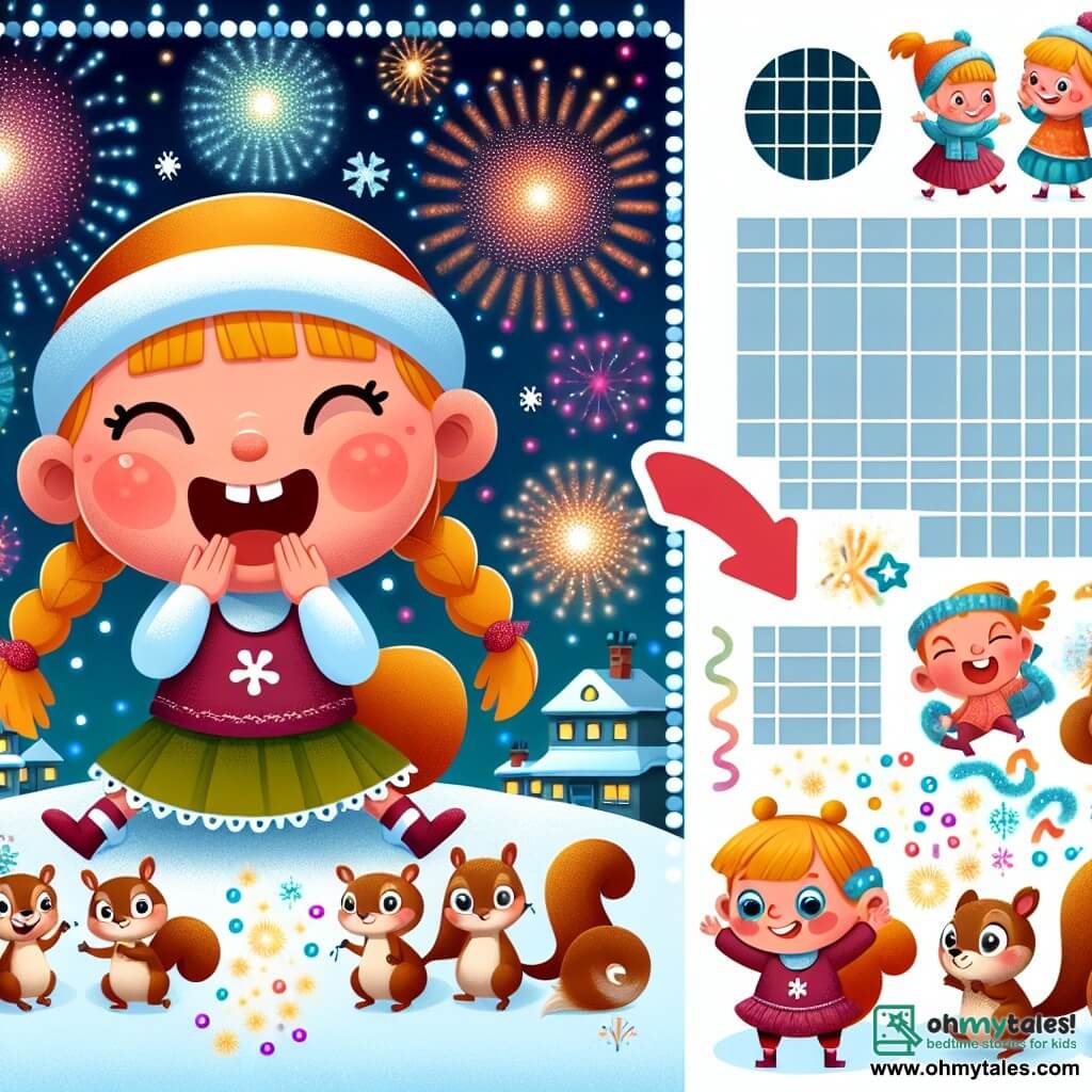 Une illustration destinée aux enfants représentant une fillette espiègle, une fête du Nouvel An sans feux d'artifice, une bande de petits écureuils malicieux, une place de village illuminée de guirlandes scintillantes et de lumières colorées.