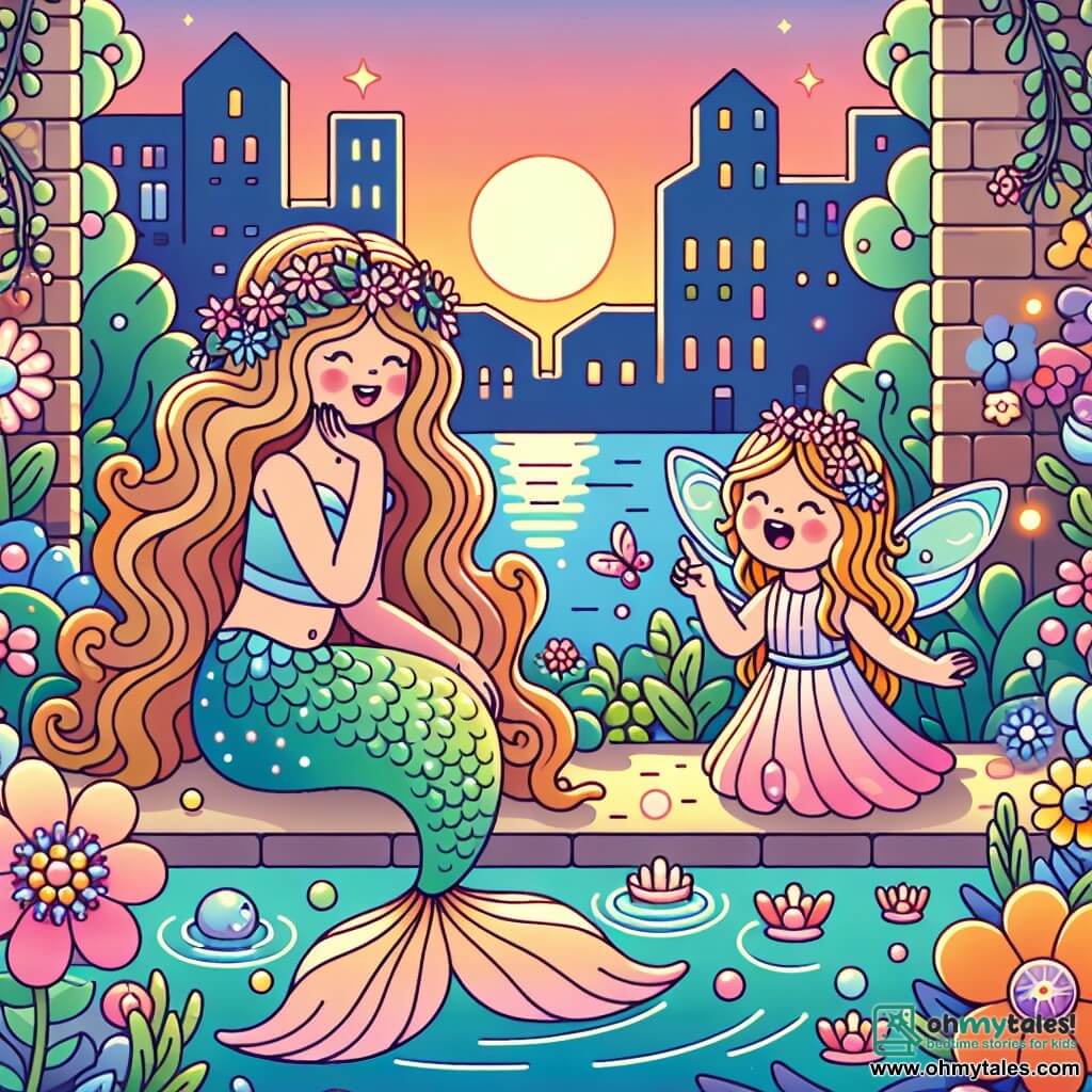 Une illustration sous forme de dessin destinée aux enfants représentant un jardin magique caché derrière une ruelle de la ville de Sparkle Bay, avec une sirène aux longs cheveux ondulés et une queue scintillante, assise au bord d'un étang étincelant, en train de rire avec une petite fée aux ailes brillantes, entourées de fleurs colorées qui murmurent des secrets, tandis que le soleil se couche, créant une atmosphère chaleureuse et enchantée.