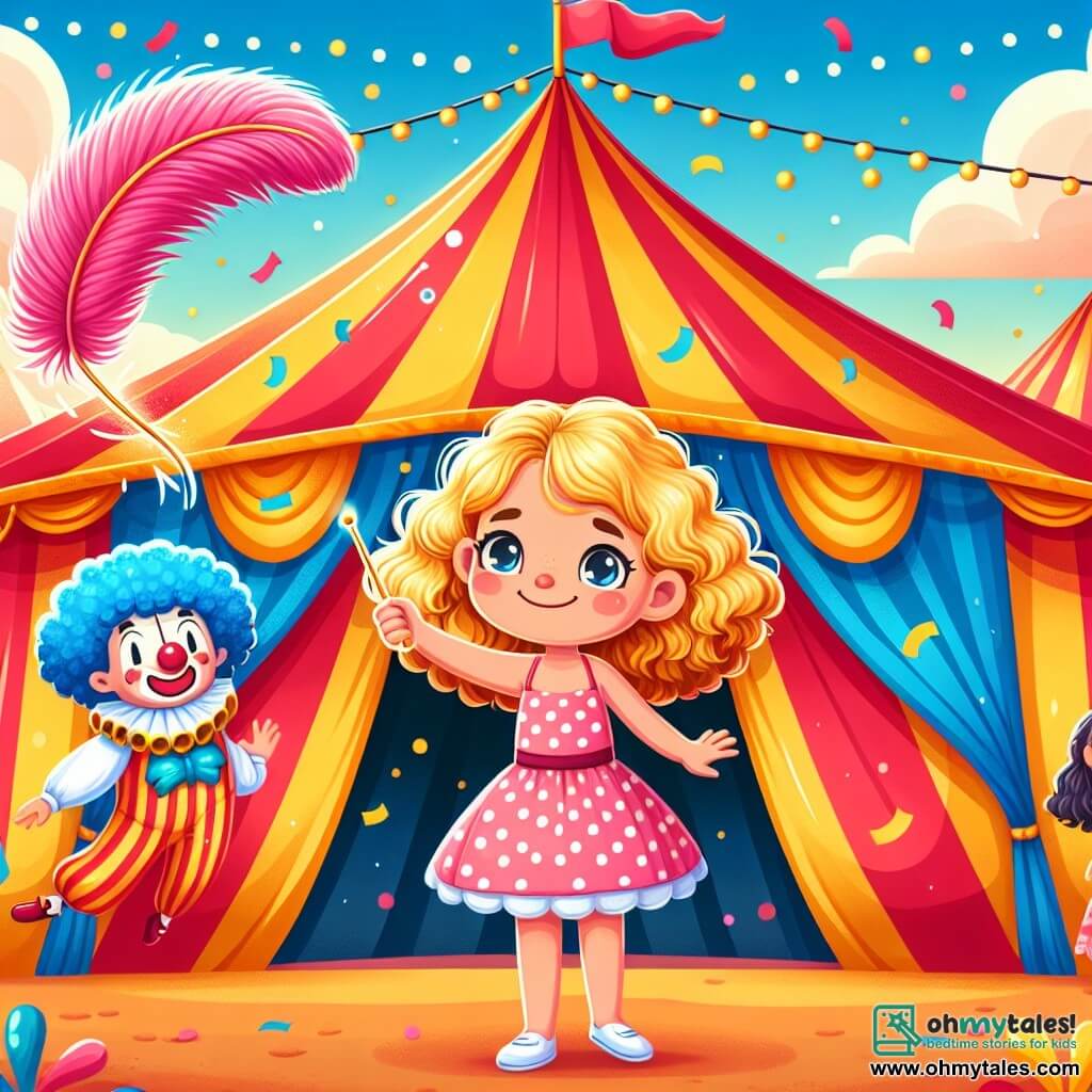 Une illustration sous forme de dessin destinée aux enfants représentant un grand chapiteau de cirque coloré, avec des rayures rouges et jaunes, où une fille de 7 ans aux cheveux dorés et bouclés, vêtue d'une robe à pois, se tient au centre, souriante et déterminée, tenant une plume rose étincelante qu'elle vient de retrouver, tandis qu'à ses côtés, une acrobate aux cheveux bleus exécute une pirouette gracieuse et un clown à la perruque multicolore jongle avec des balles, le tout sous un ciel ensoleillé et rempli de confettis, capturant l'excitation et la magie du cirque.