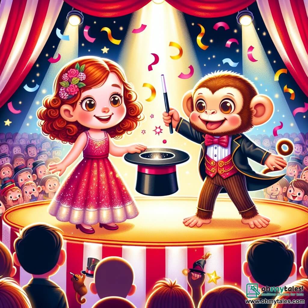 Une illustration sous forme de dessin destinée aux enfants représentant l'intérieur d'un grand chapiteau de cirque coloré, avec des rayures rouges et blanches, où une fille de 9 ans aux cheveux bouclés et roux, vêtue d'une robe pétillante, se tient au centre de la scène, un chapeau de magicien à la main, tandis qu'un singe espiègle en costume miniature, avec un petit chapeau haut de forme, se prépare à réaliser un tour de magie à ses côtés, entourés d'un public émerveillé et de confettis flottant dans l'air, capturant l'excitation et la magie d'un spectacle de cirque.