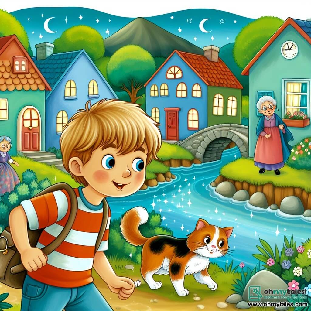 Une illustration destinée aux enfants représentant un jeune garçon curieux et aventureux, résolvant le mystère de la disparition du chat d'une vieille dame, avec l'aide de ses amis, dans le charmant village de Willow Creek, où les maisons colorées bordent une petite rivière étincelante.