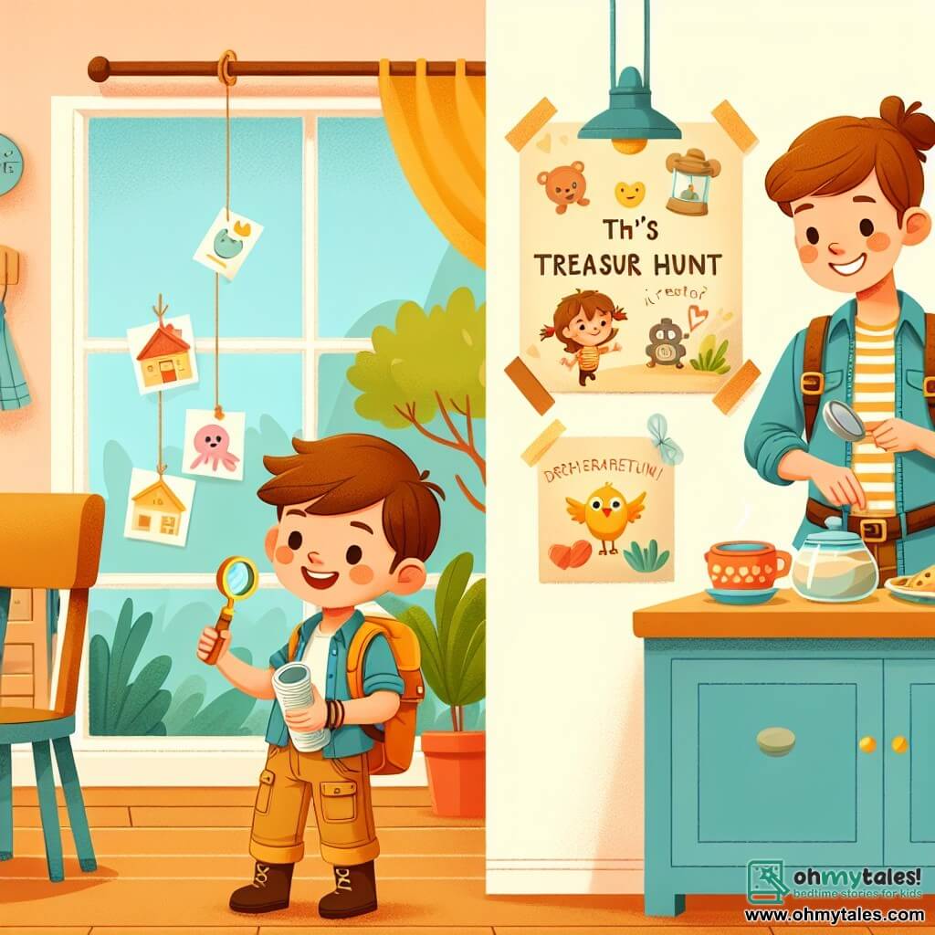 Une illustration destinée aux enfants représentant un garçon curieux et aventureux planifiant une chasse au trésor pour son père, avec sa maman souriante préparant le petit déjeuner dans une cuisine chaleureuse et lumineuse aux murs décorés de dessins d'enfants joyeux.