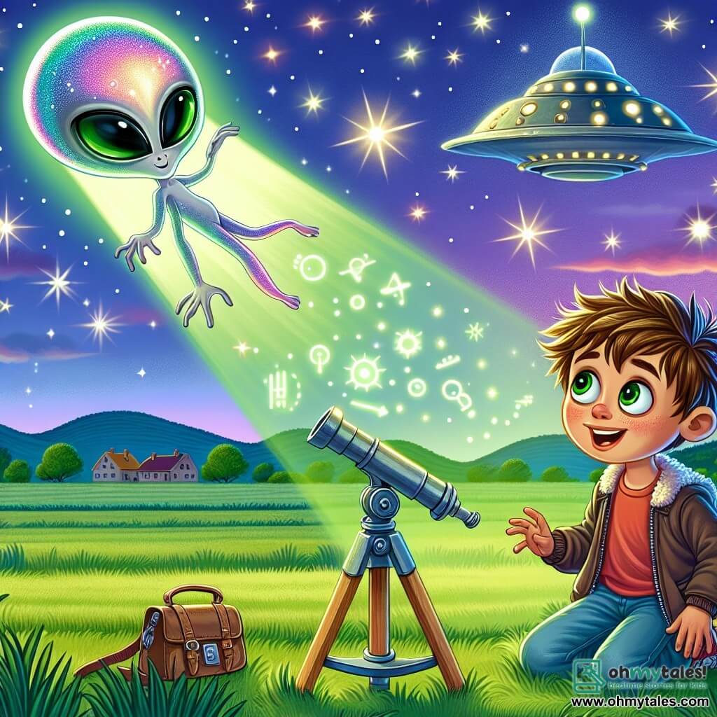 Une illustration sous forme de dessin destinée aux enfants représentant un vaste champ verdoyant sous un ciel étoilé, où un garçon de 11 ans aux cheveux bruns en désordre et aux yeux verts brillants, émerveillé, observe à travers un télescope une soucoupe volante scintillante qui émerge d'un éclat lumineux, tandis qu'à ses côtés, une extraterrestre élégante avec une peau irisée et des yeux en forme d'amande, flottant légèrement au-dessus du sol, sourit et lui montre des symboles lumineux flottants autour d'eux, illustrant leur amitié naissante et leur quête de connaissances sur l'univers.