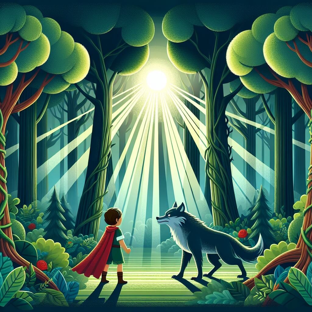 Une illustration destinée aux enfants représentant un jeune garçon intrépide qui fait face au grand méchant loup dans une forêt mystérieuse et sombre, entourée d'arbres majestueux et de buissons touffus où des rayons de soleil tentent de percer à travers les feuilles vertes chatoyantes.