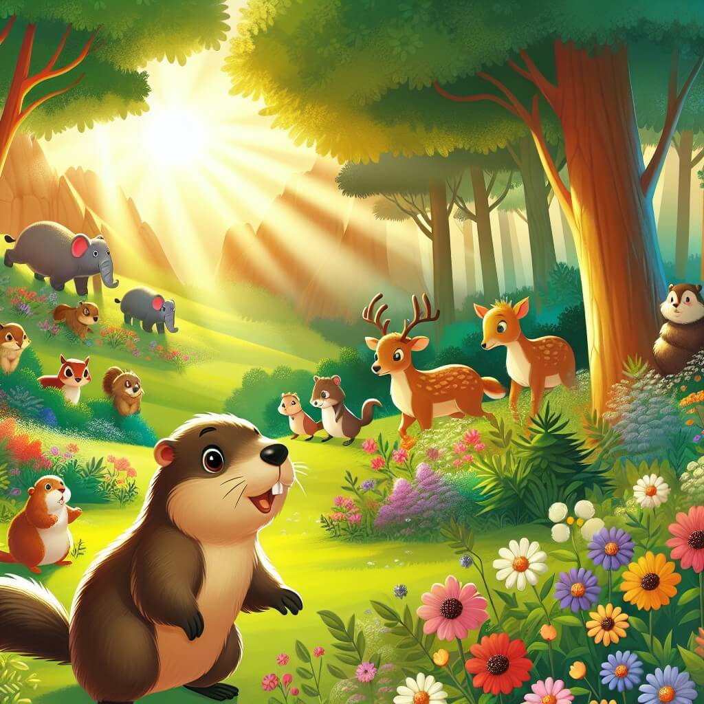 Une illustration destinée aux enfants représentant une marmotte curieuse qui explore une forêt enchantée, accompagnée d'animaux extraordinaires, dans un paysage verdoyant parsemé de fleurs colorées et baigné de la lumière dorée du soleil couchant.