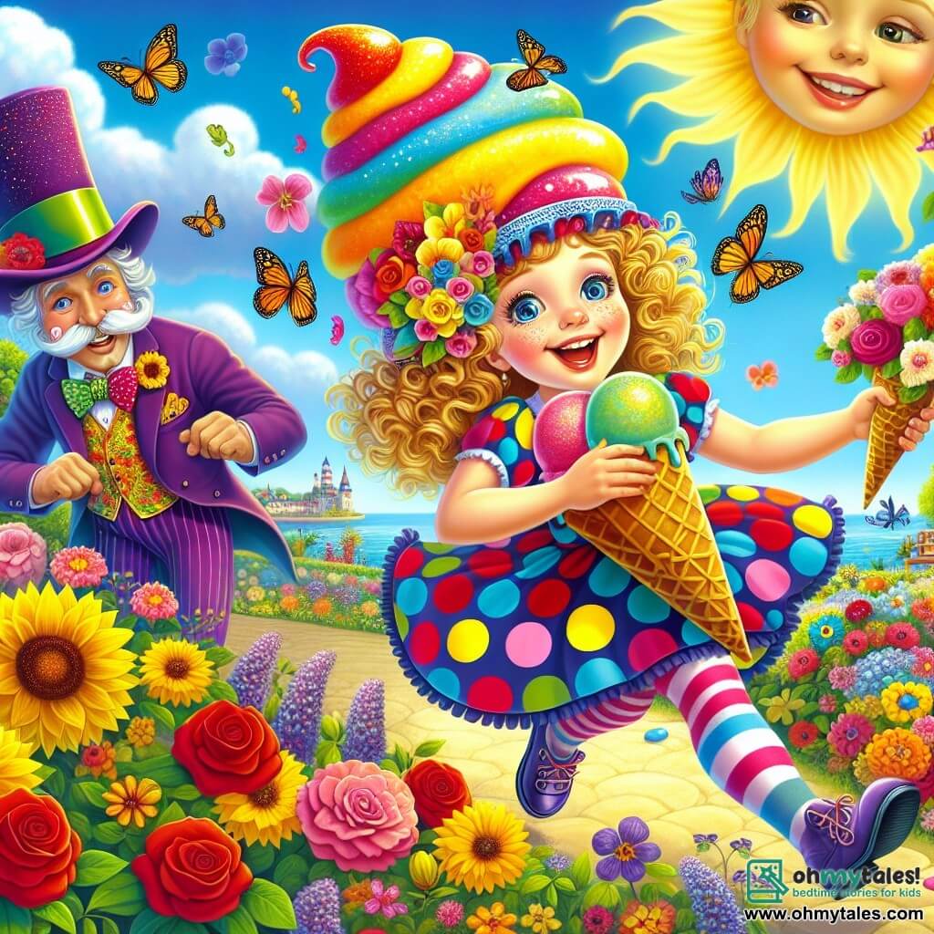An illustration for children depicting a joyful scene in a colorful garden filled with vibrant flowers like red roses, yellow sunflowers, and delicate violets. In the background, a clear blue sky with a few fluffy clouds and a radiant sun brightens the scene. In the foreground, a 7-year-old girl with curly golden hair, wearing a multicolored polka dot dress, is running with a huge ice cream cone wobbling and dancing on her head. Her face is lit up with a big smile, her eyes sparkling with mischief and excitement. Next to her, a middle-aged man in an oversized purple top hat, with a curled mustache and a colorful suit, watches the scene with an amused smile. He looks like a fairy tale character, with twinkling eyes and a joyful expression. The main action shows the girl chasing her giant ice cream cone, which rolls merrily through the garden, causing laughter and surprise among the flowers. Colorful butterflies flutter around, adding a touch of magic to the atmosphere. Laughter echoes in the air, creating a playful and cheerful ambiance.