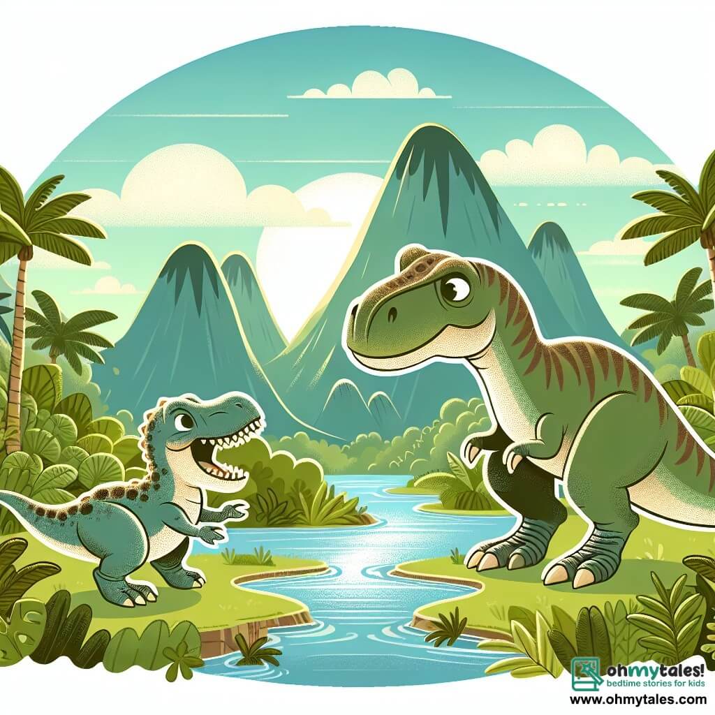 Une illustration destinée aux enfants représentant un jeune tyrannosaure au tempérament farceur rencontrant une vieille brachiosaure sage et bienveillante, dans une vaste jungle luxuriante bordée de hautes montagnes et de rivières scintillantes.