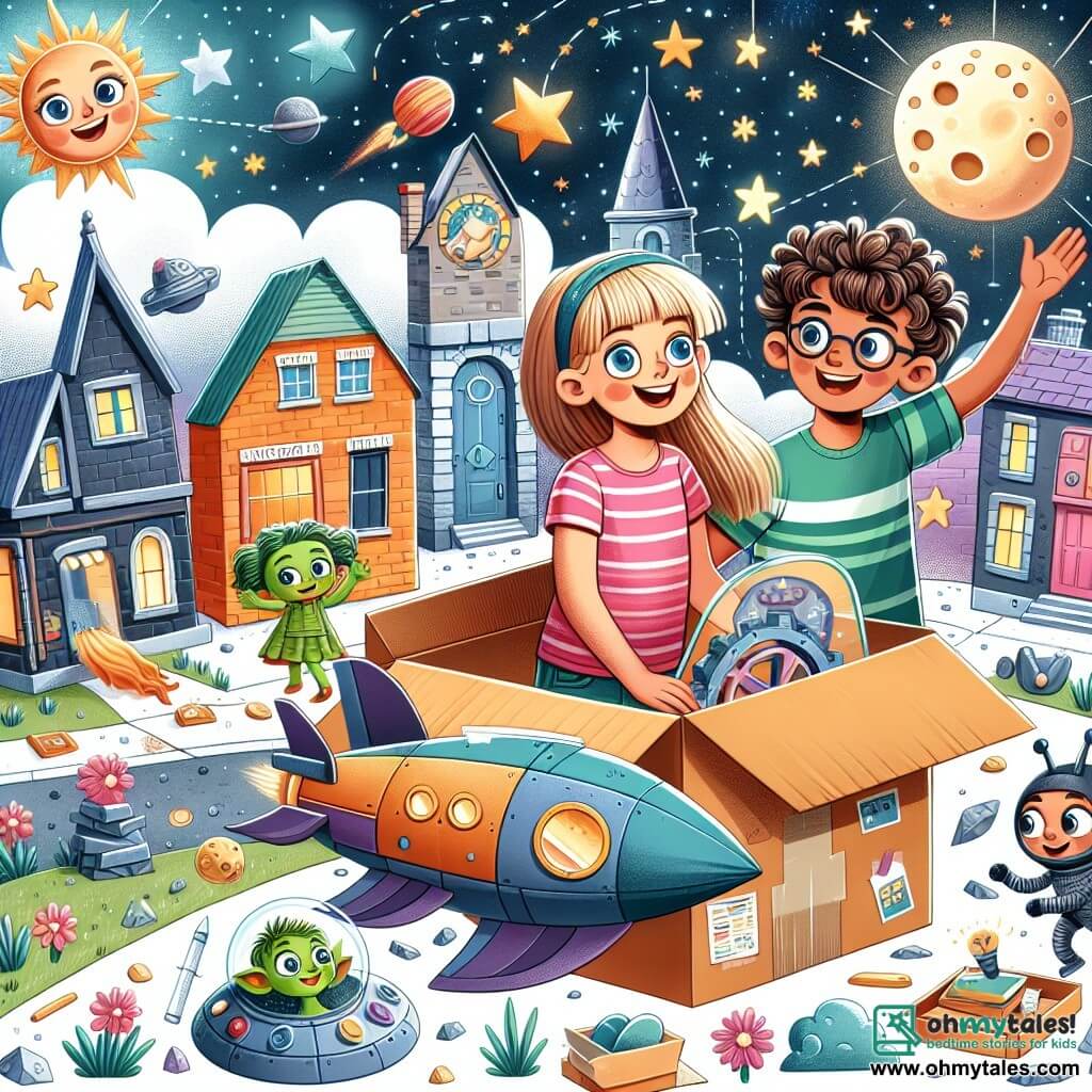 Une illustration destinée aux enfants représentant une fillette pleine de vie et d'énergie, accompagnée de son meilleur ami, un garçon aux cheveux bouclés, vivant dans une charmante petite ville colorée appelée Sunnyville, où ils construisent un vaisseau spatial en utilisant des boîtes en carton, pour partir à l'aventure sur la lune, où ils rencontrent un adorable alien nommé Zippy, entourés par des étoiles étincelantes et des planètes colorées.